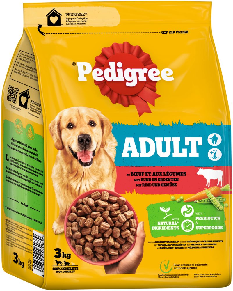Pedigree PEDIGREE® Beutel Adult mit Rind und Gemüse 3 x 3kg, Trockenfutter für: Hunde
