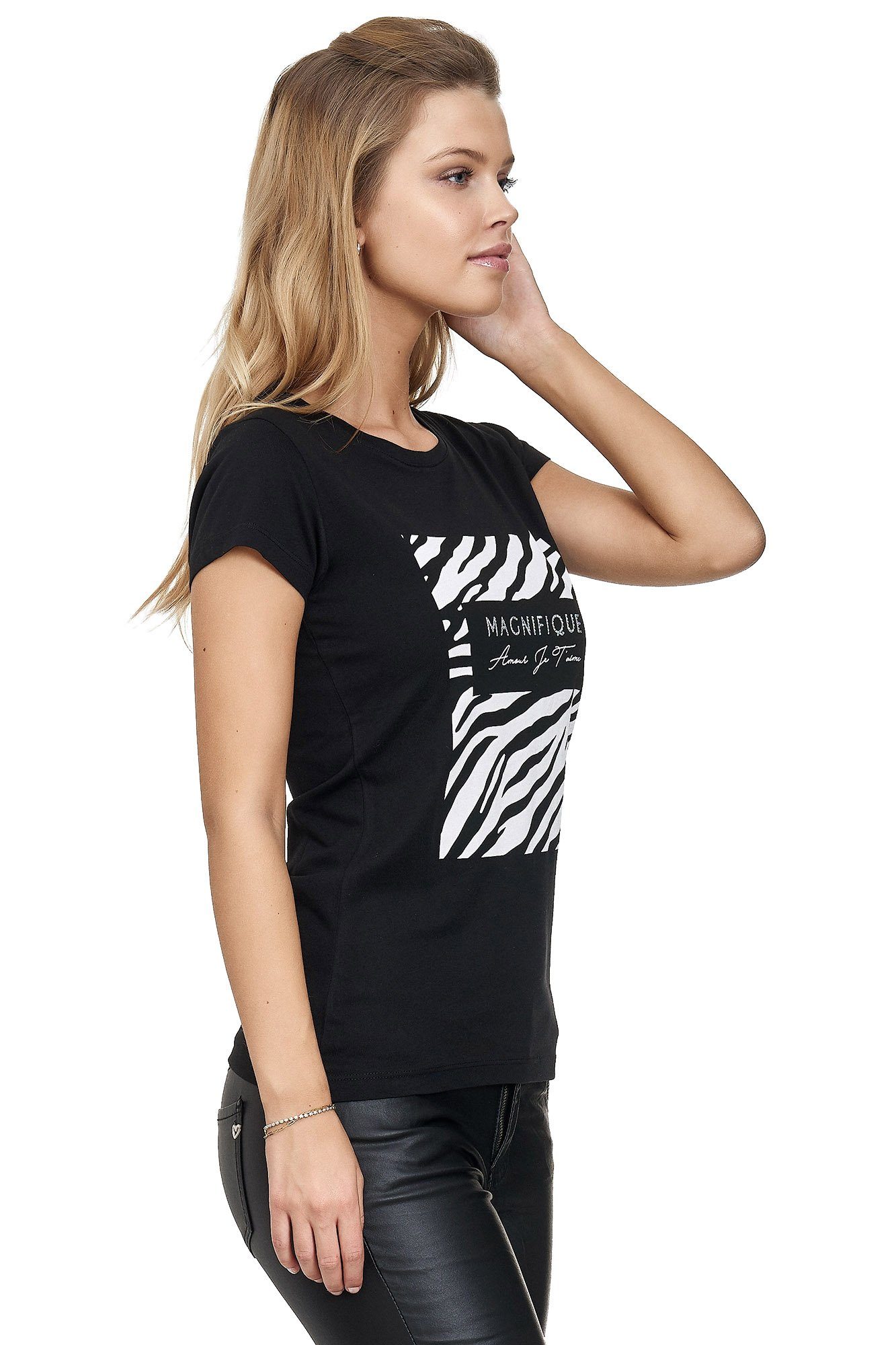 T-Shirt glänzendem Frontprint schwarz Decay mit