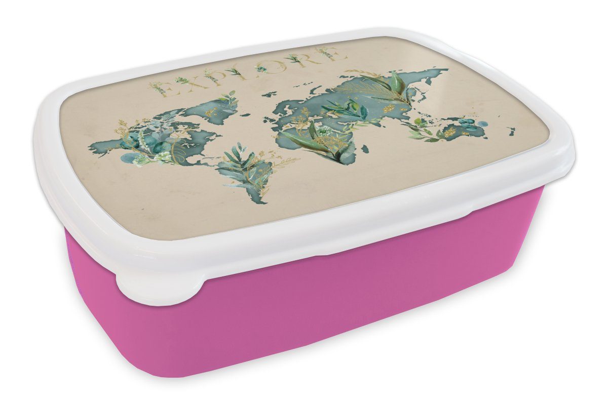MuchoWow Lunchbox Weltkarte - Erkunden - Gold, Kunststoff, (2-tlg), Brotbox für Erwachsene, Brotdose Kinder, Snackbox, Mädchen, Kunststoff rosa
