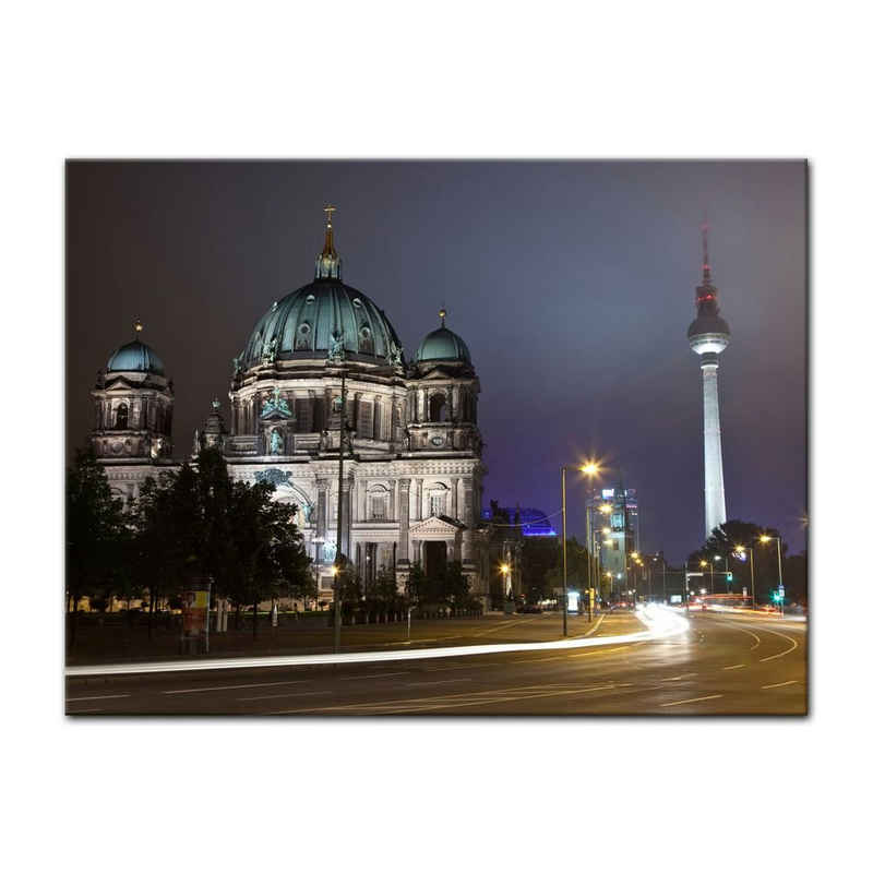 Bilderdepot24 Leinwandbild Berliner Dom und Fernsehturm bei Nacht, Städte