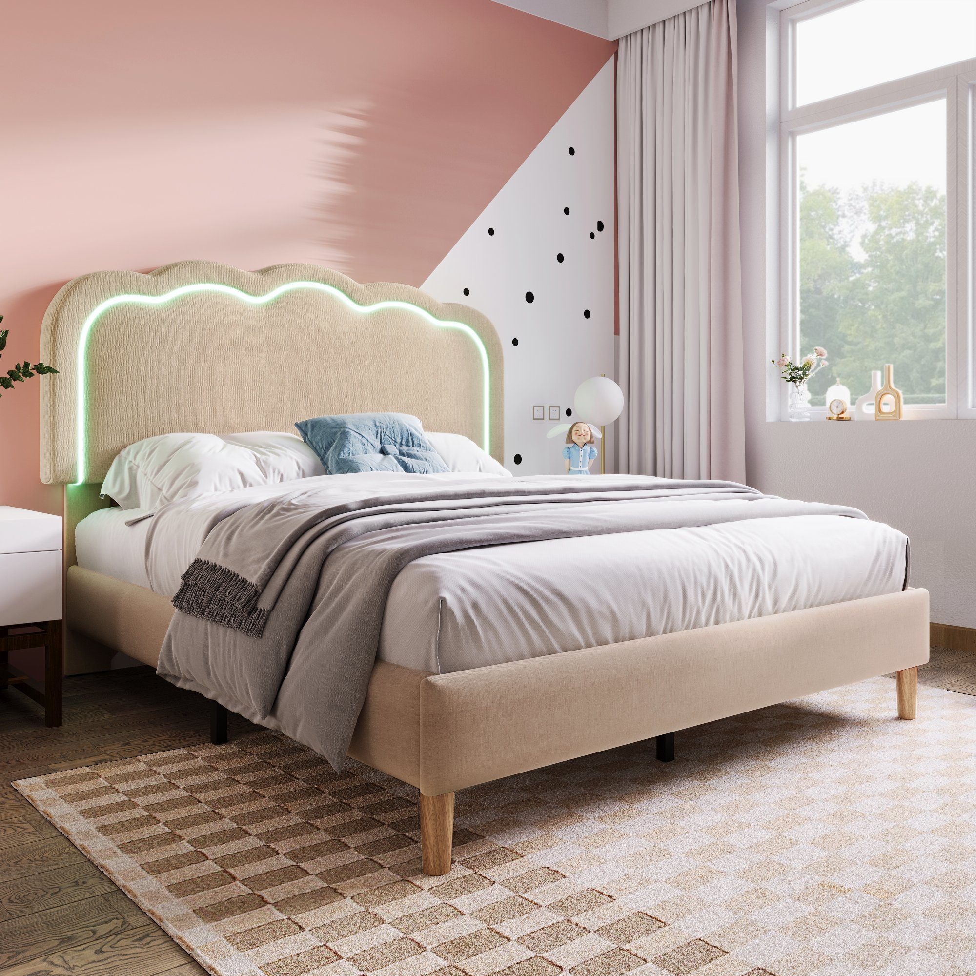 Polsterbett (LED Doppelbett), mit Lattenrost & Verstellbares Kopfteil in Puff-Form 140x200cm, Leinen