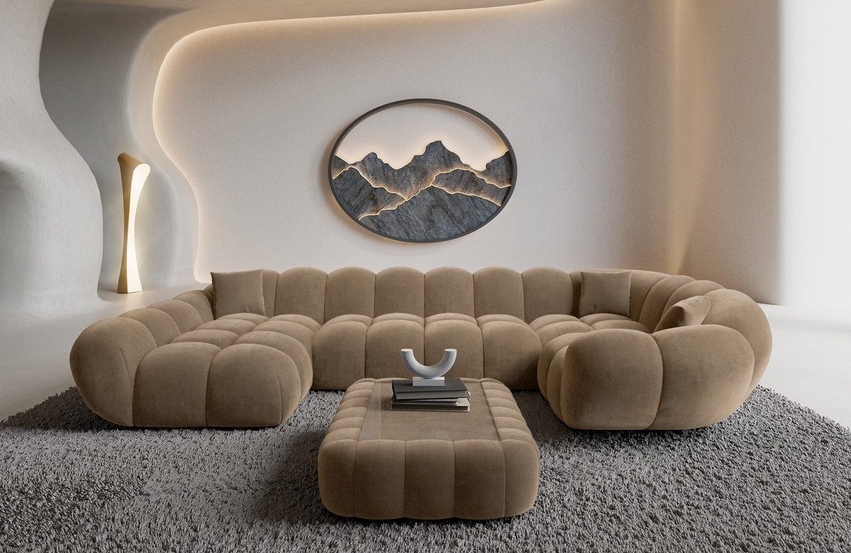 Sofa Dreams Wohnlandschaft Maleron U Form Design Stoffsofa, Stoff Polsterecke, 6-Sitzer, Ottomane links, Samtstoff Braun