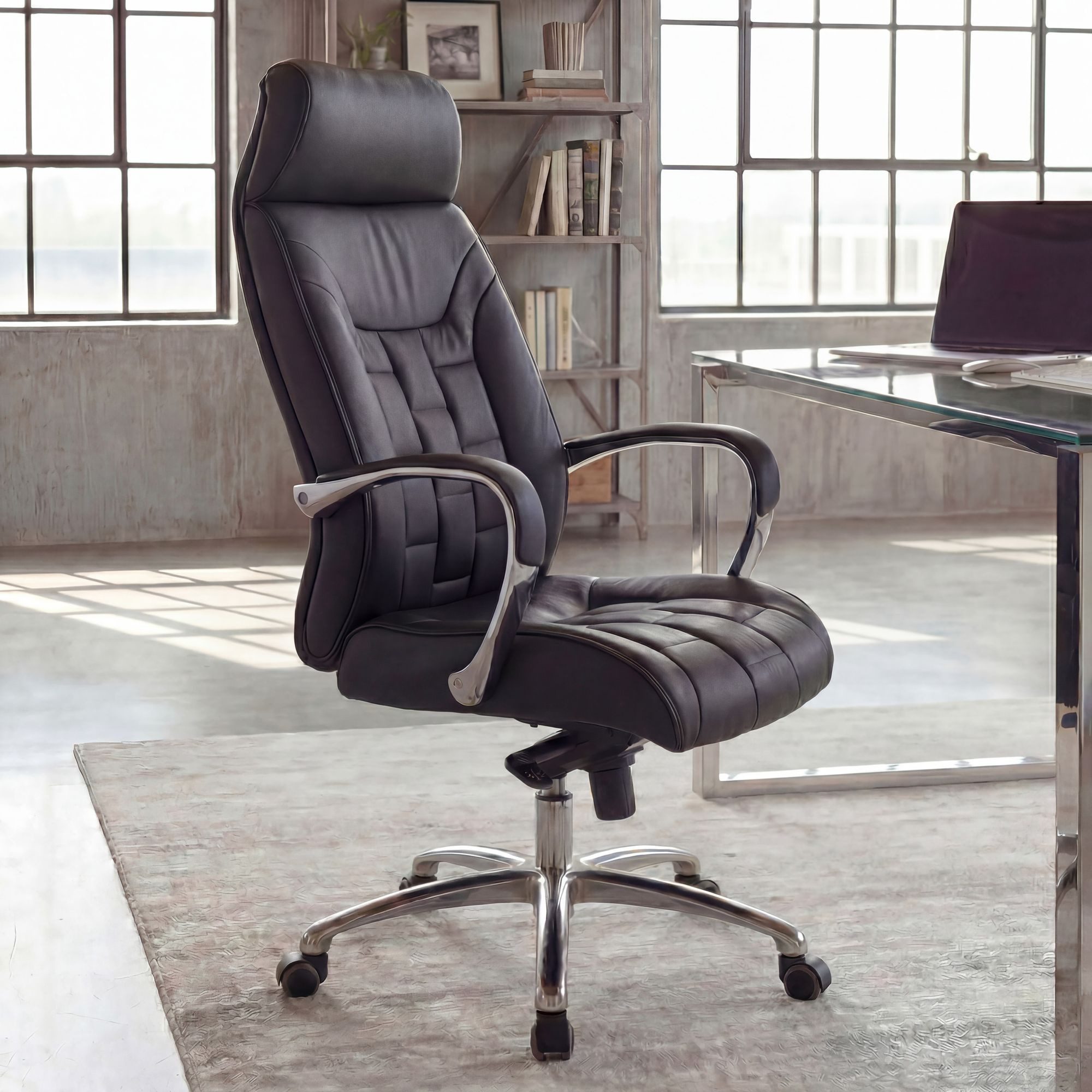 FINEBUY Chefsessel XXL Echtleder schwarz Drehstuhl Bürostuhl bis 120KG (Schreibtischstuhl mit Wippfunktion Drehstuhl), Echtleder schwarz bis 120 kg, Bürostuhl X-XL
