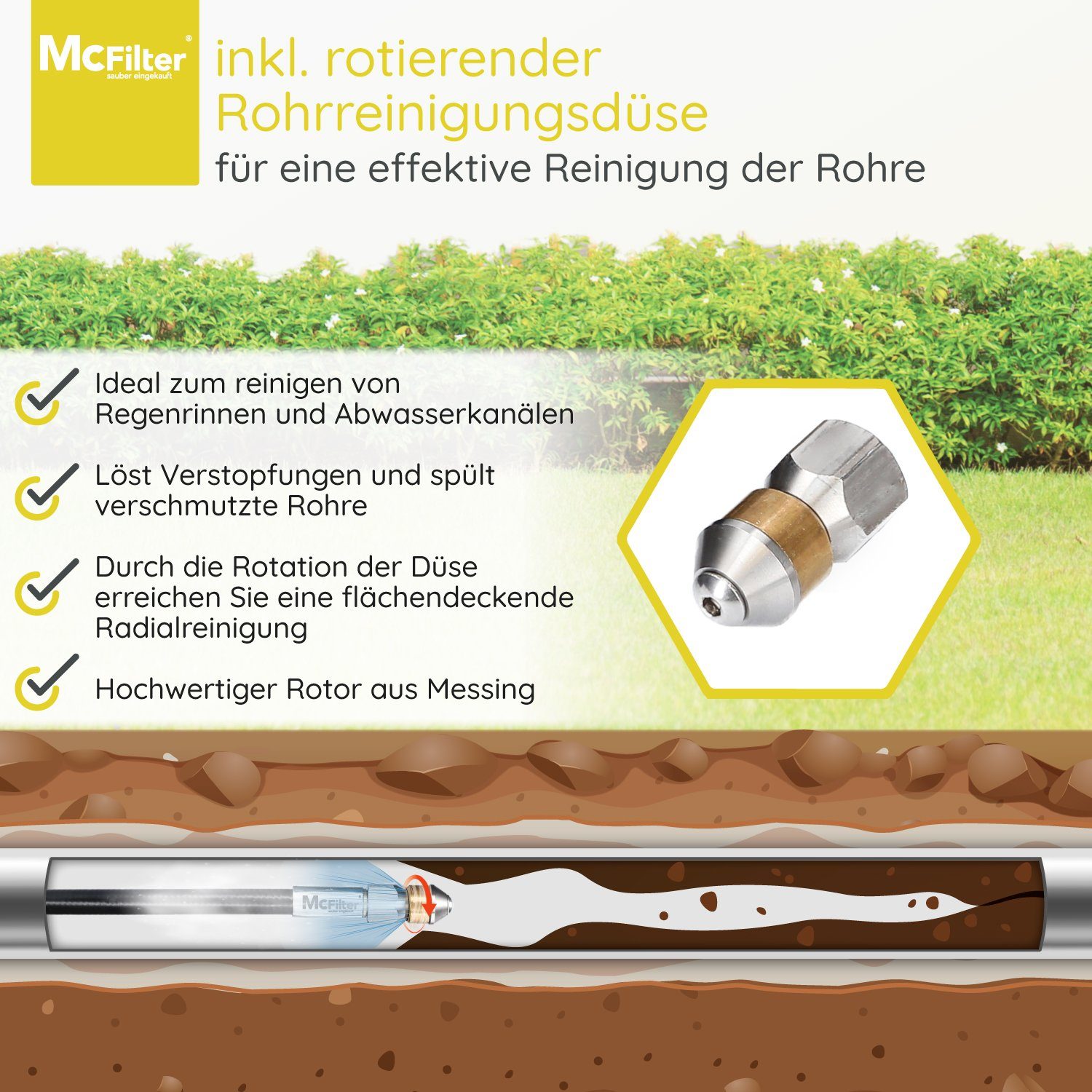 McFilter Hochdruckschlauch Rohrreinigungsschlauch, 30m, 160 bar, kompatibel mit Kärcher, K2, K3, K4, K5, K6, Hochdruckreiniger, inkl. Adapter, Düsen starr + rotierend, (0 St)