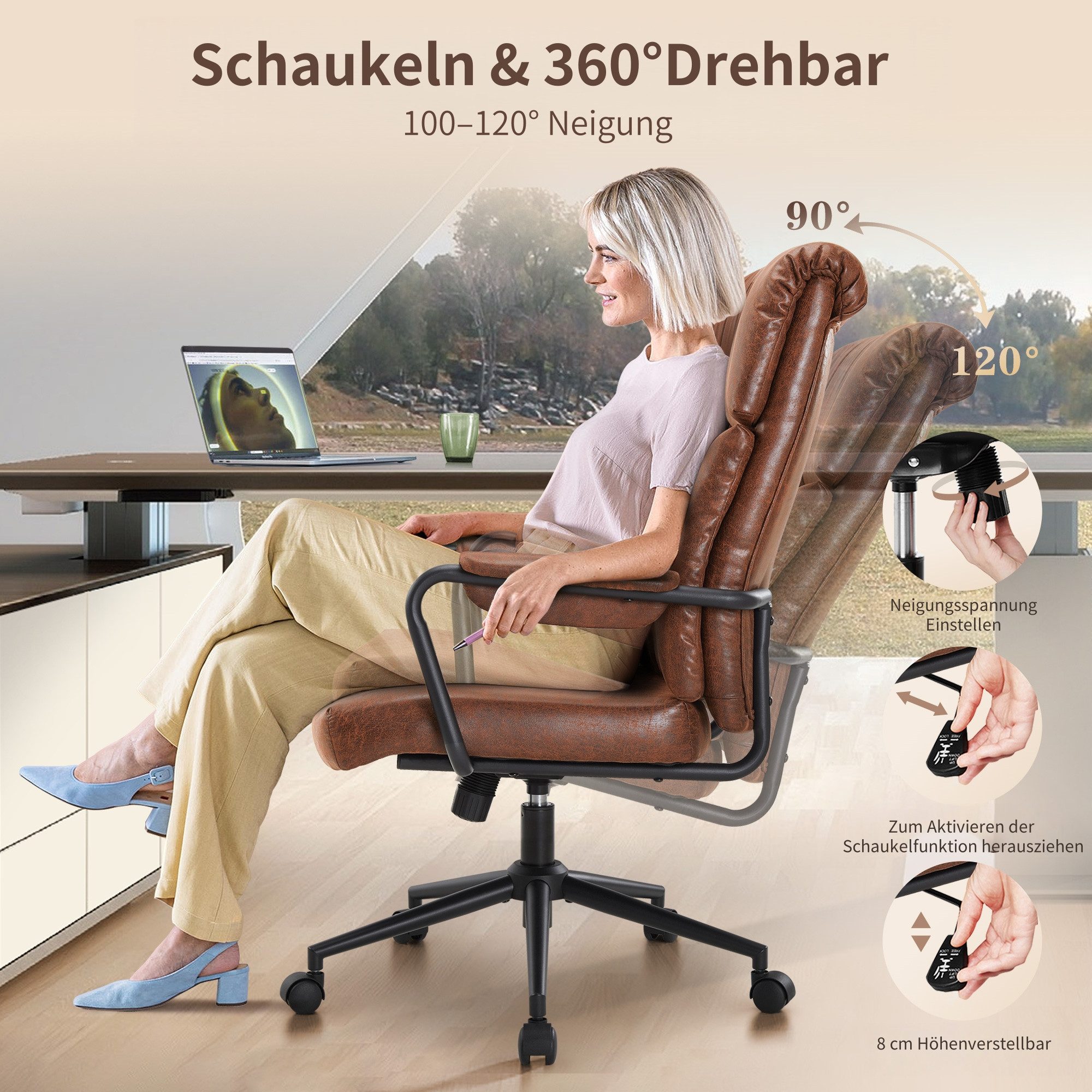IWMH Bürostuhl Ergonomischer Chefsessel, Retro PU-Leder günstig online kaufen