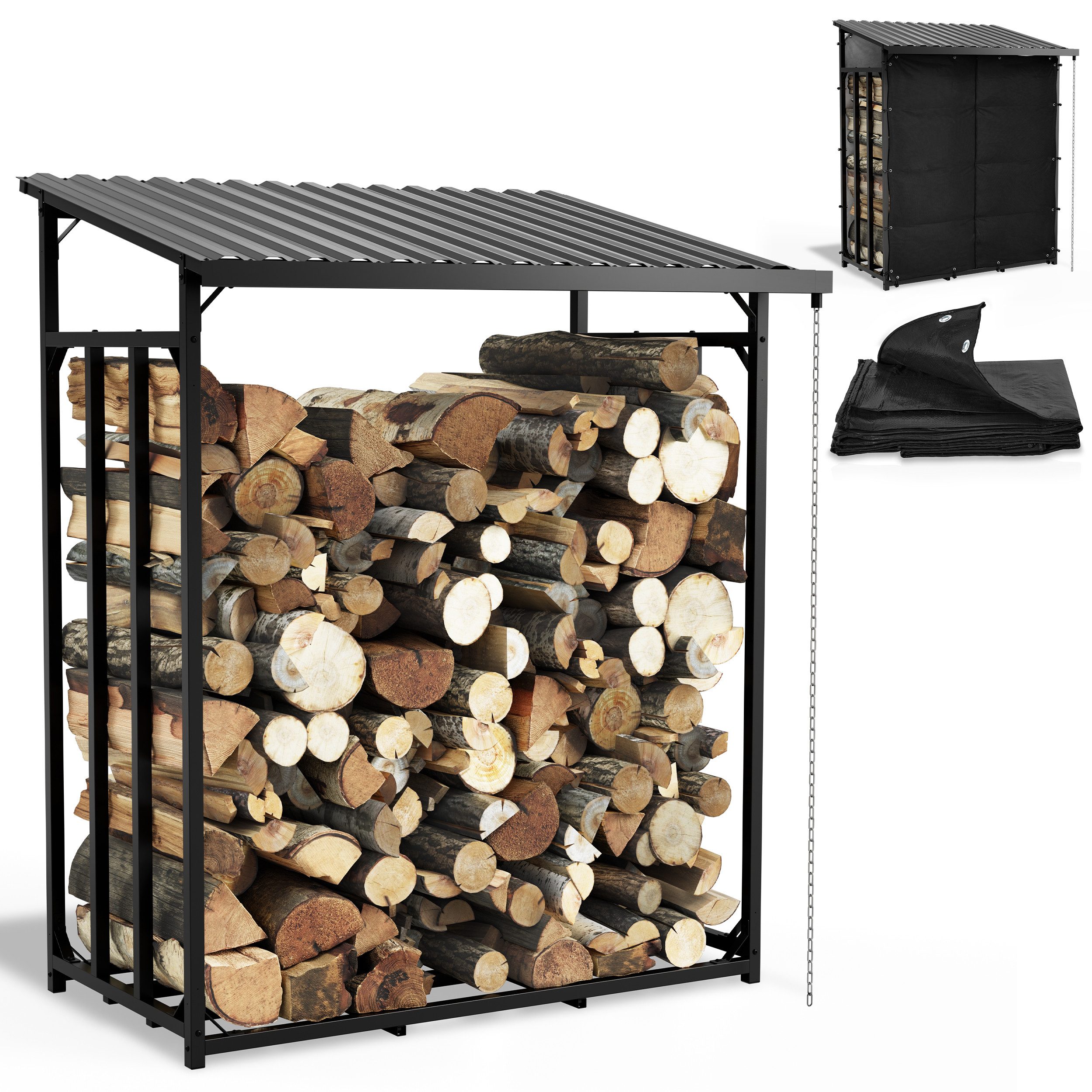 Onbest Kaminholzregal Metall mit Regenrinne und Regenkette, BxTxH:185x70x185 cm, 150g Schutzplane, 1,56 m³