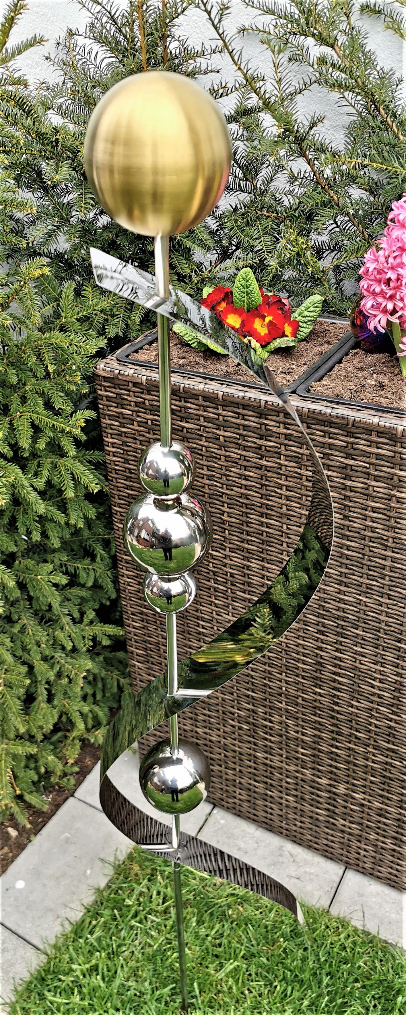 Jürgen Bocker Garten-Ambiente Gartenstecker Skulptur Merkur Edelstahl Kugel gold matt gebürstet 150 cm Beetstecker Gartenstecker Rosenkugel Dekostecker