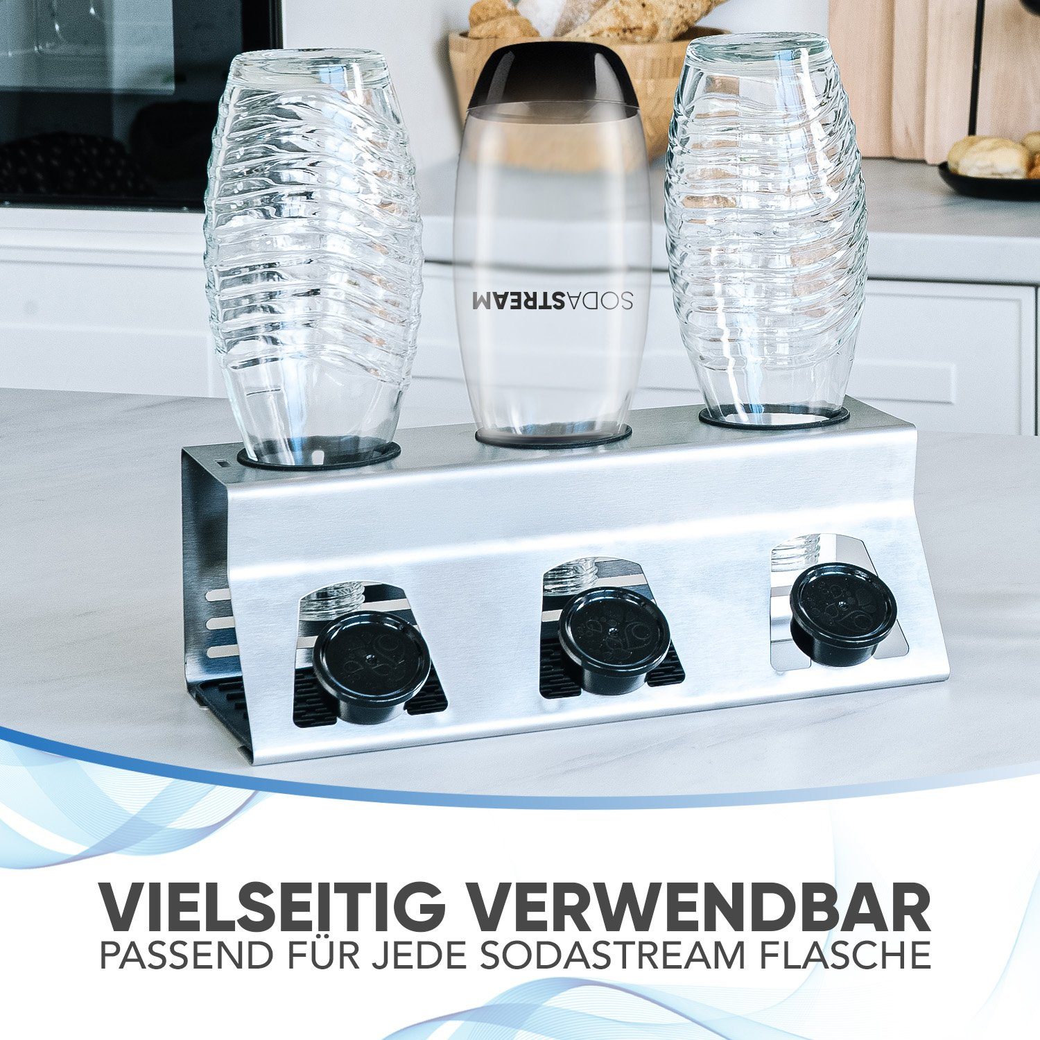 Loco Bird Flaschenhalter für SodaStream aus Edelstahl mit Kantenschutz, (Für, 3-St., Flaschen mit Flaschenbürste und Abtropfmatte), für Soda Stream Crystal, Easy, Fuse, Emil Flaschen