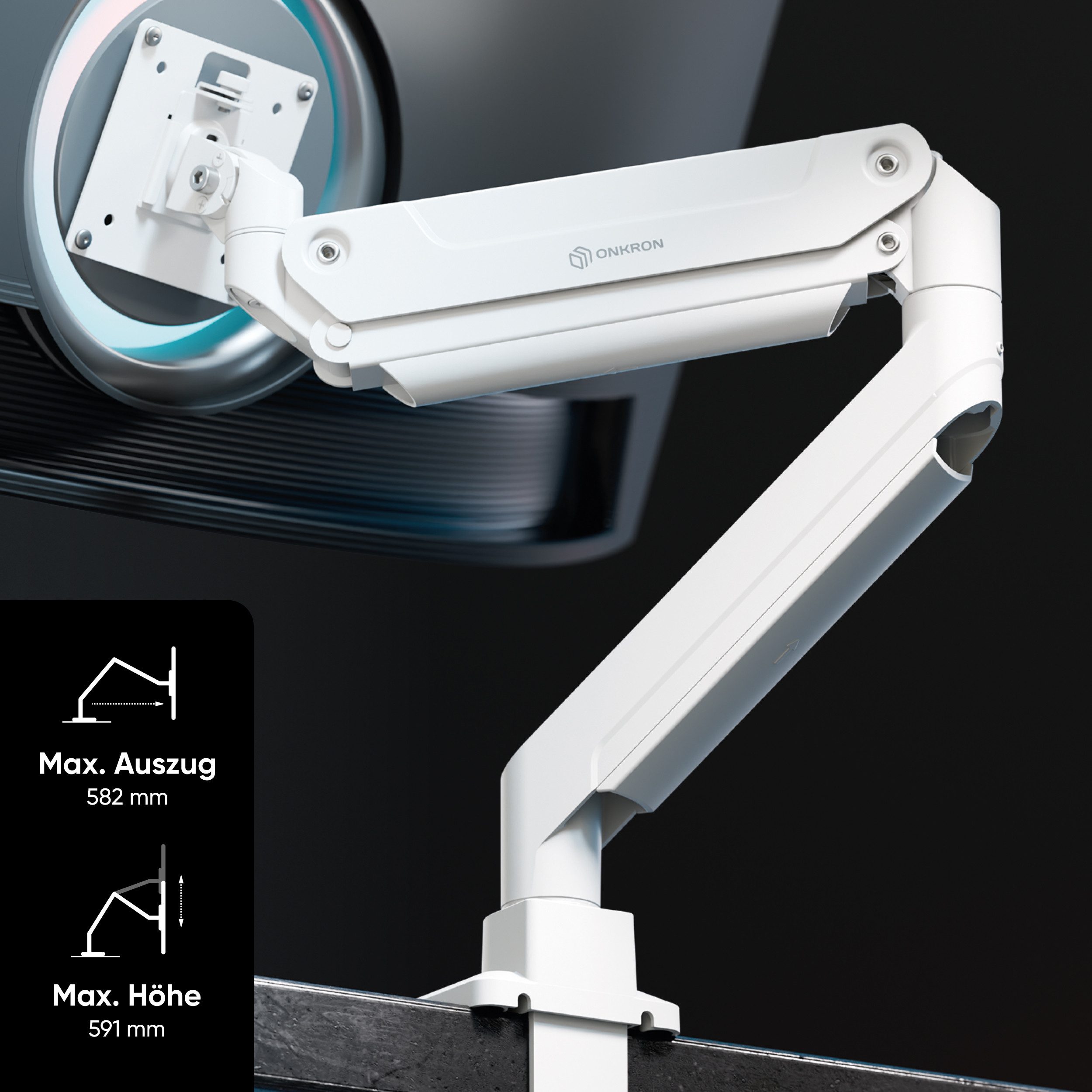 ONKRON Monitor-Halterung 17-49 Zoll, bis 20 kg, VESA 75x75-100x100, G100-W, (bis 49 Zoll, Packung, 1-tlg., neigbar, schwenkbar, drehbar, Gasdruckfeder, Kabelman – Bild 5 von 5