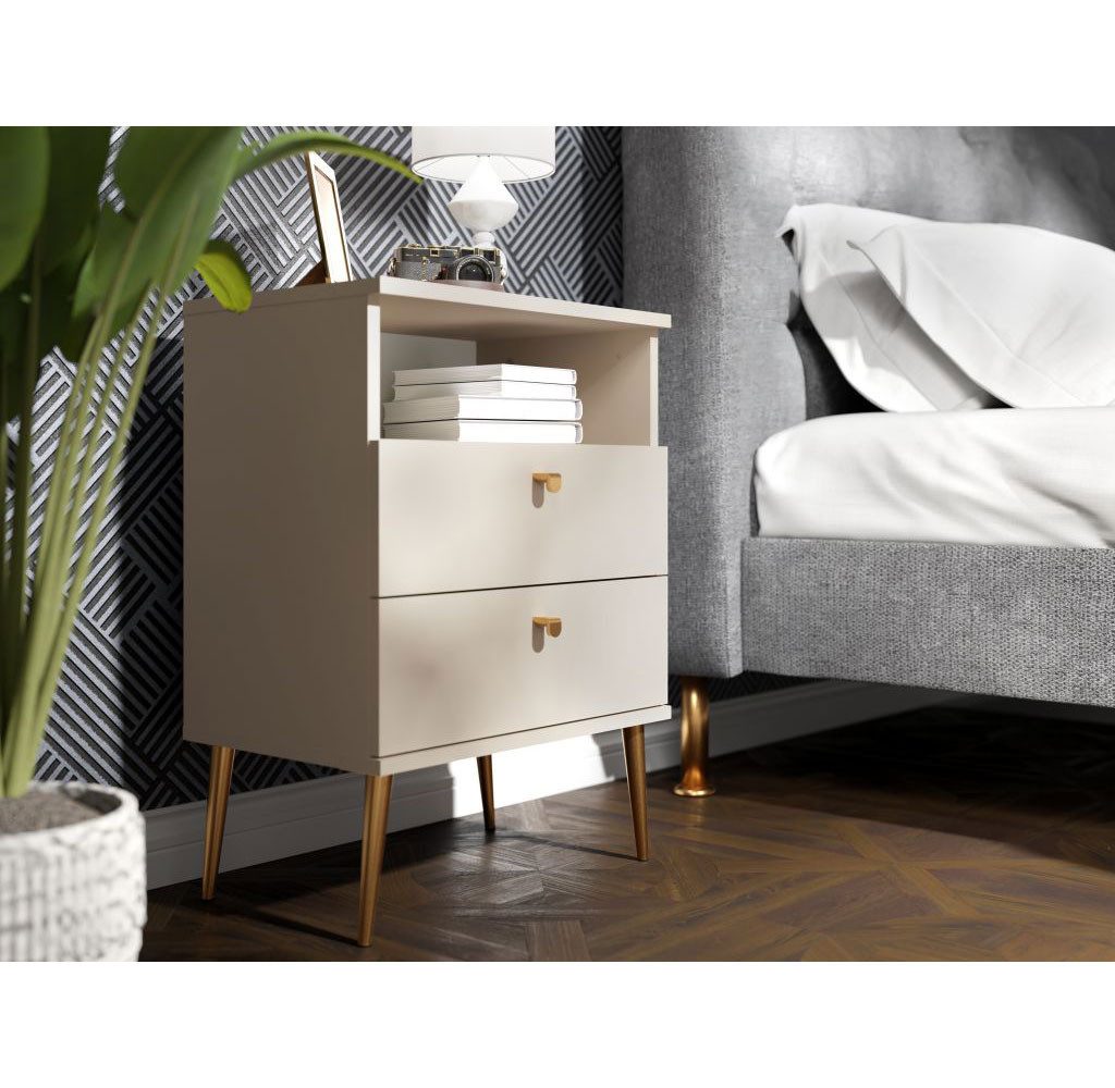 Feldmann-Wohnen Nachtschrank High (4 Schubladen, 2 offene Fächer, 2-St., moderne Optik, goldfarbene Griffe, ohne Soft-Close, Füße aus Metall) 50x34x70cm beige