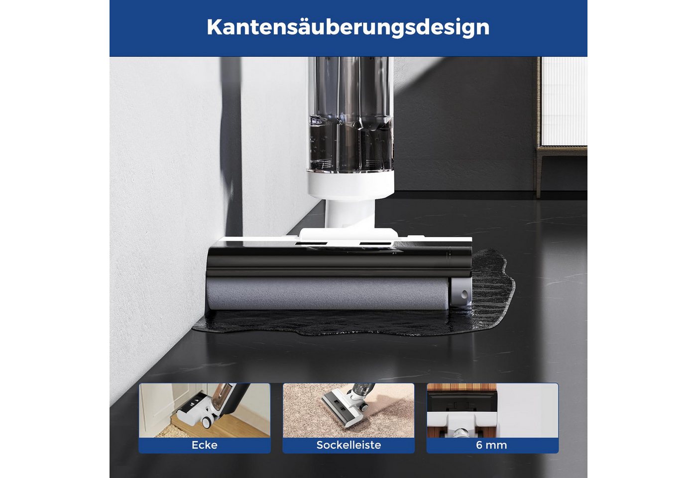 JONR Nass-Trocken-Akkusauger ED12 kabellos - 3-in-1 Wischsauger mit smarter Selbstreinigung, 200,00 W, Anti-Haarverwicklung, 200W Leistungsstarker Akku-Saugwischer für Hartböden & Tierhaare, 6mm ultranahe Kantenreinigung, 850ml großer Wassertank