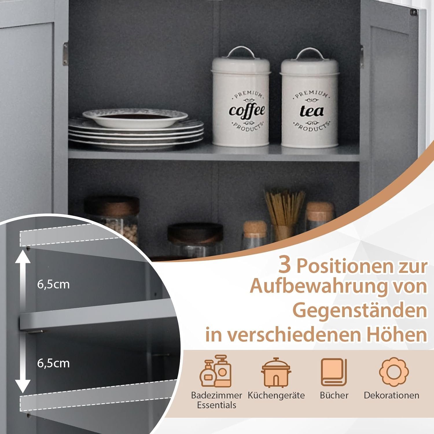 KOMFOTTEU Mehrzweckschrank Küchenschrank Badezimmerschrank mit 4 Ebenen & Glastüren, 60 x 30 x 109cm