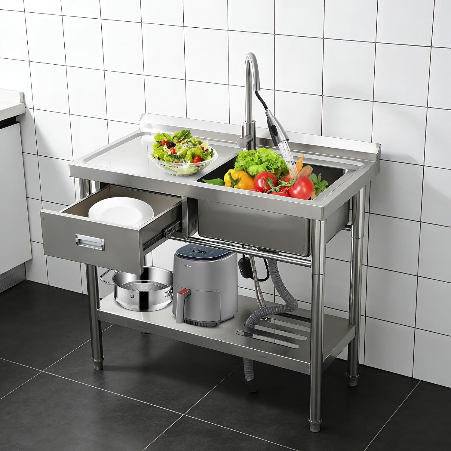 GarveeMore Küchenspüle Edelstahl Spültisch 99x36x84cm,Freistehende Küchenspüle 1 Becken, Gewerbliche Spülbecken Mit Wasserhahn Kalt Und Warmwasserschläuchen – Bild 2 von 5