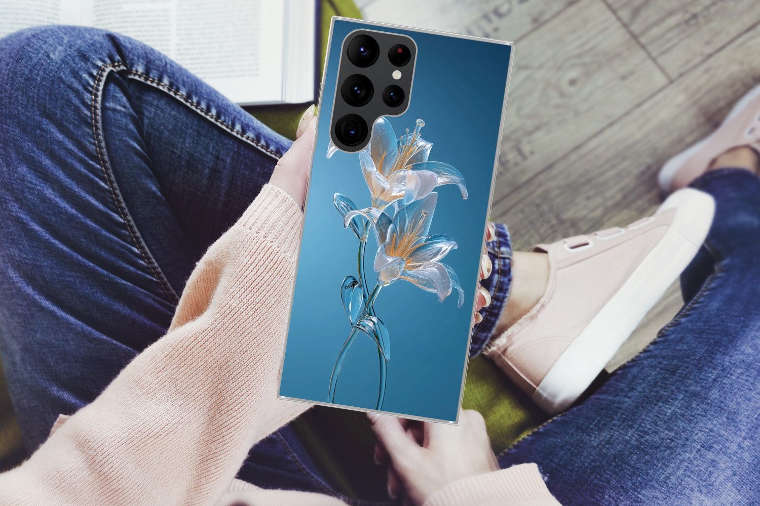 MuchoWow Handyhülle für Samsung Galaxy S22 Ultra Lilien - Blau - Gläser, Phone Case, Silikon, Schutzhülle Dünn