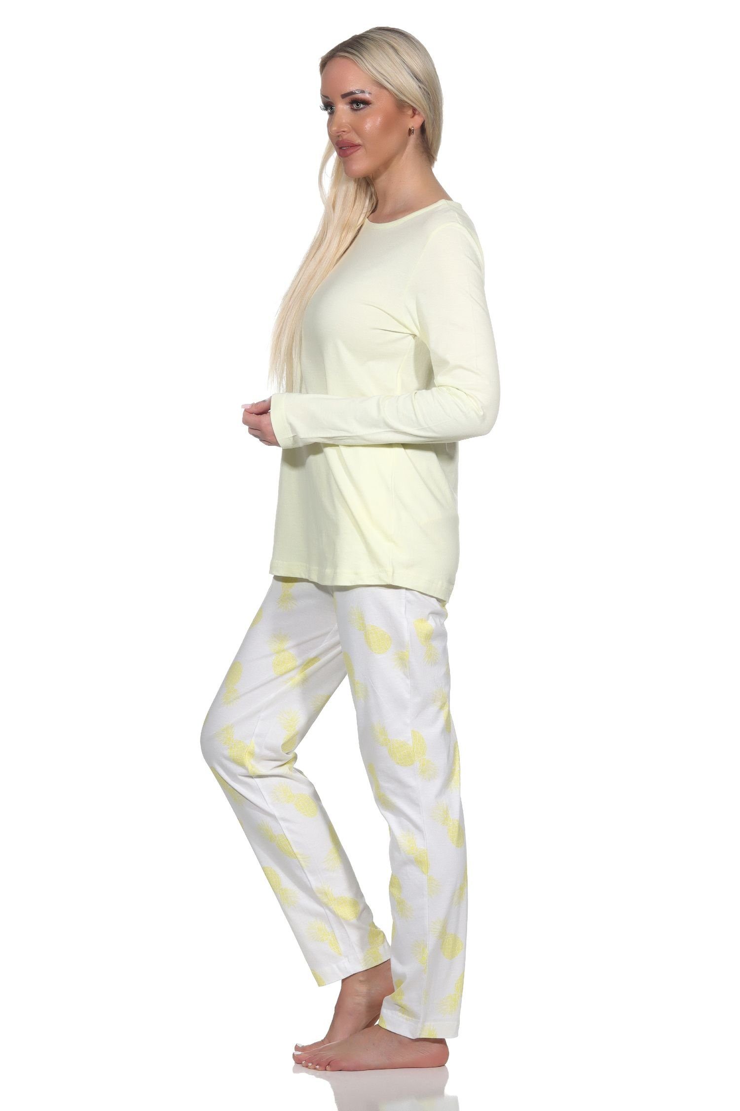 mit gelb Homewear Ananas Damen als Pyjama Motiv Langarm Schlafanzug Normann