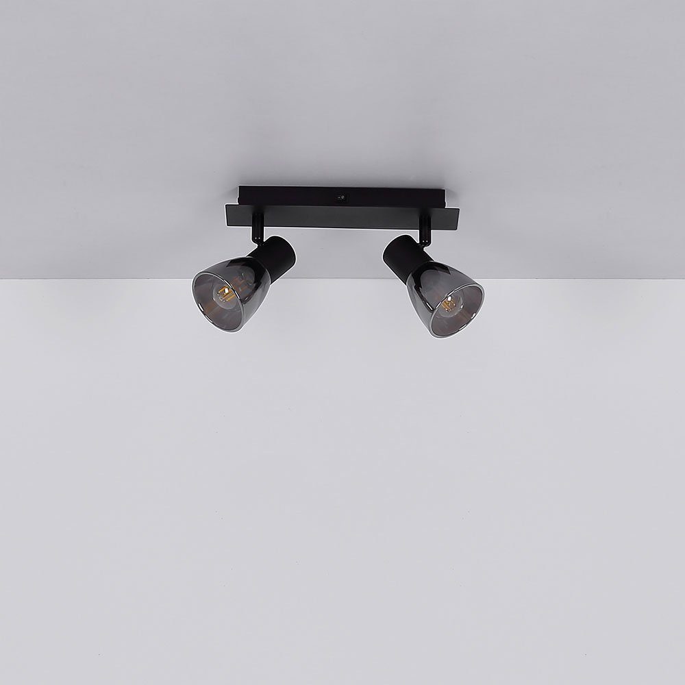 etc-shop Glas Deckenspot, Wohnzimmerlampe matt schwarz Holz Metall 2-Flammig Deckenlampe LED