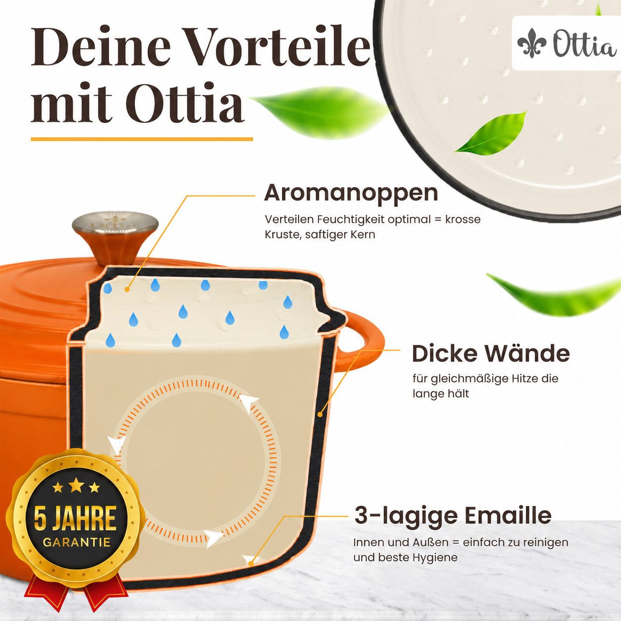 Ottia Schmortopf Gusseisen Topf lc, 26cm groß, 5L, Bräter, Brotbacktopf mit E-Book., Gusseisen, 3-fach Emaille, Händler aus Hamburg