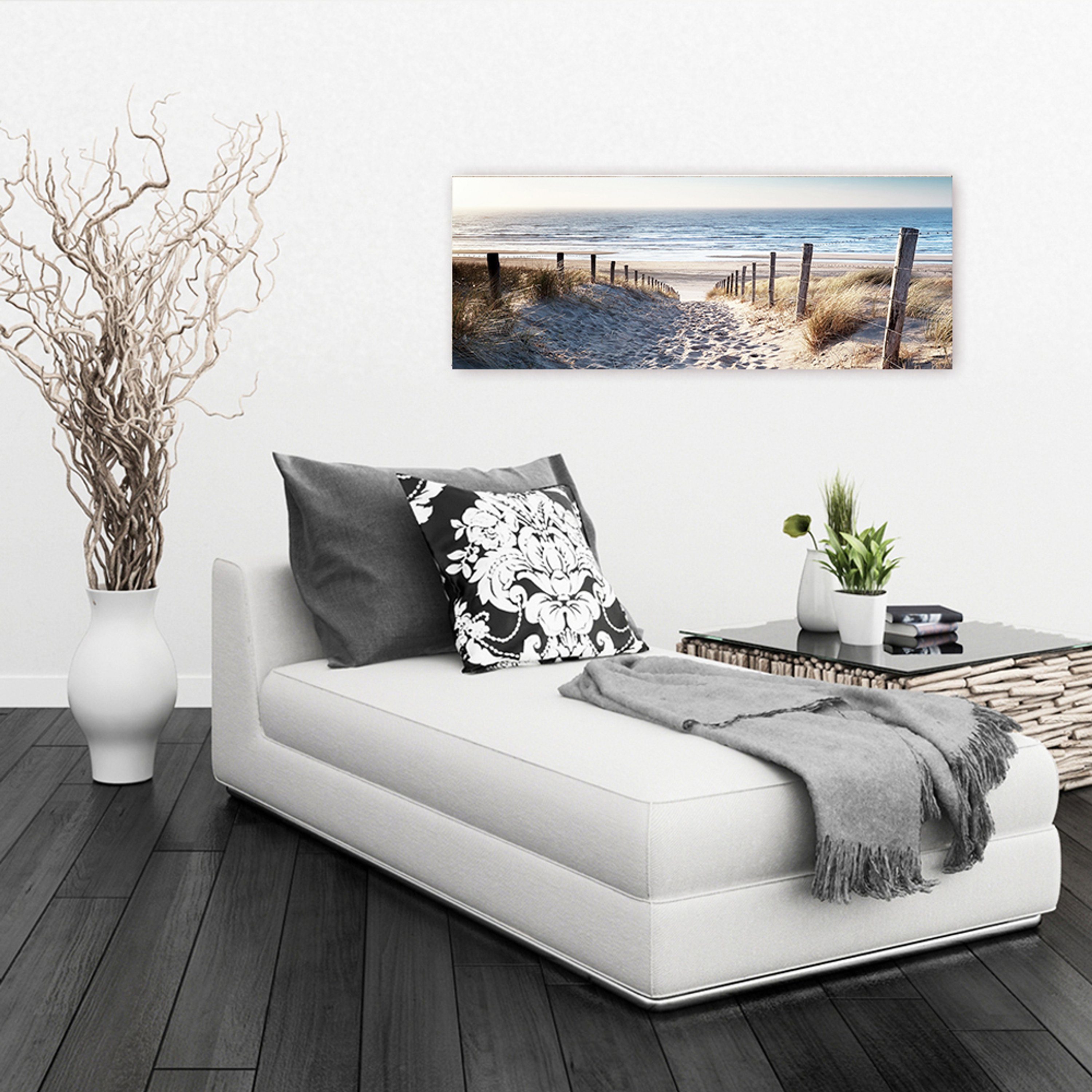 artissimo Glasbild Glasbild 80x30cm Wohnzimmer Bild aus Meer Strand, zum Strand-Landschfat. Dünen-Gräser Wandbild Glas Weg