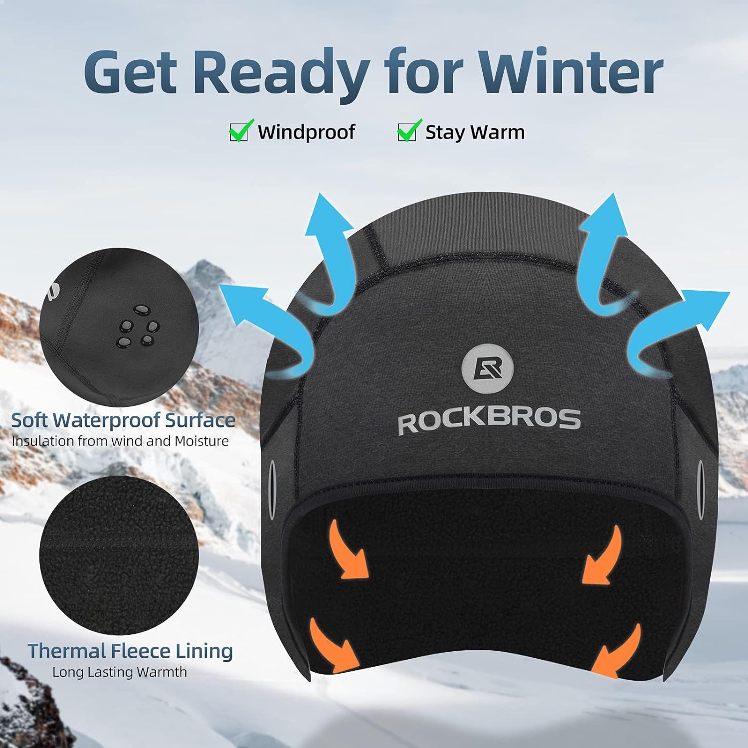 ROCKBROS Unterhelmmütze Helmmütze Mütze Wintermütze (Wintermütze mit Brille-Loch, Helm Unterziehmütze Winddicht für Radfahren, Skifahren, Laufen, Outdoor-Aktivitäten, für Damen und Herren, 1-St) Fahrrad Mütze