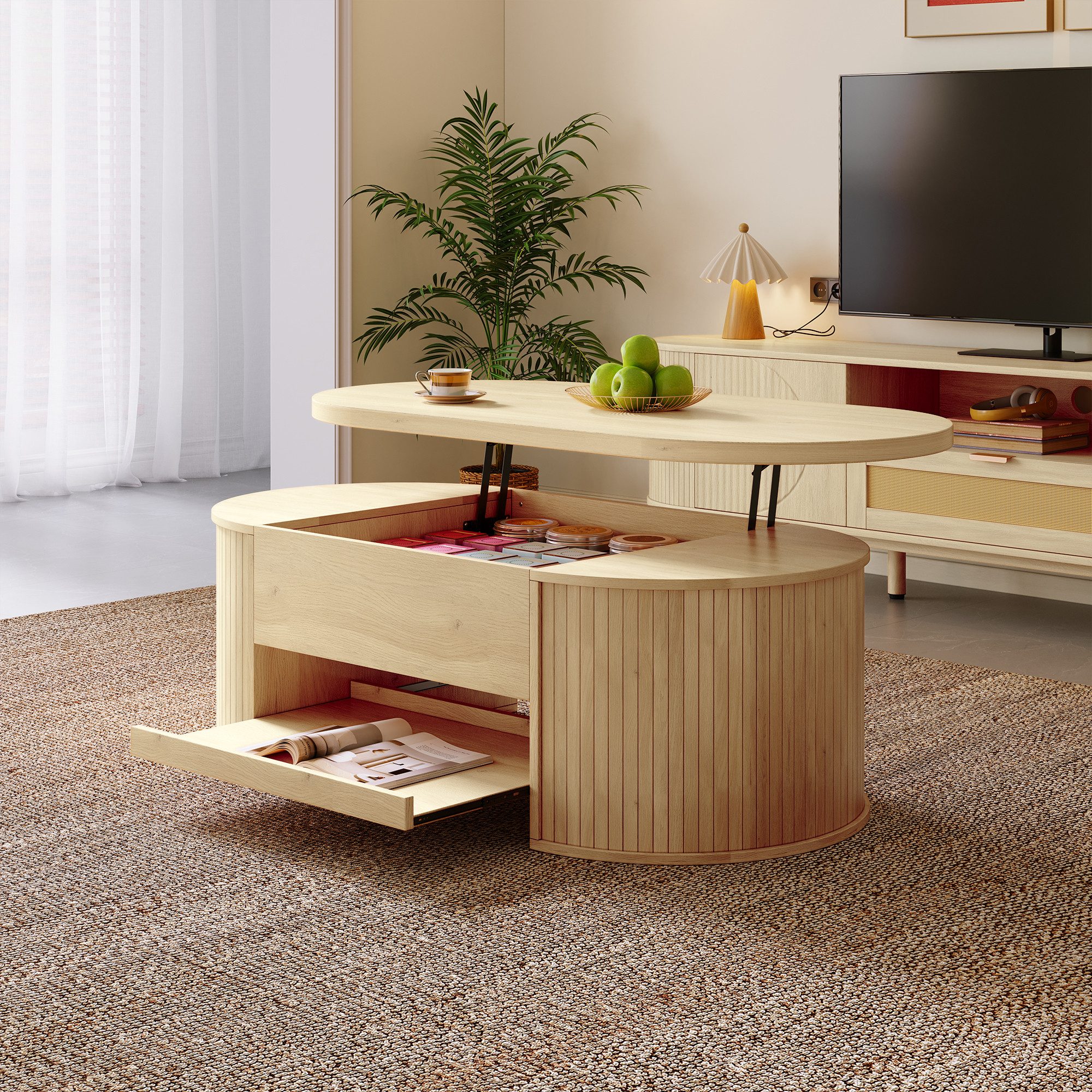 OKWISH Couchtisch mit anhebbarer Tischplatte (Beistelltisch, Sofatisch, 1-St., ausziehbarem Regal), mit gebogenen Holzseiten