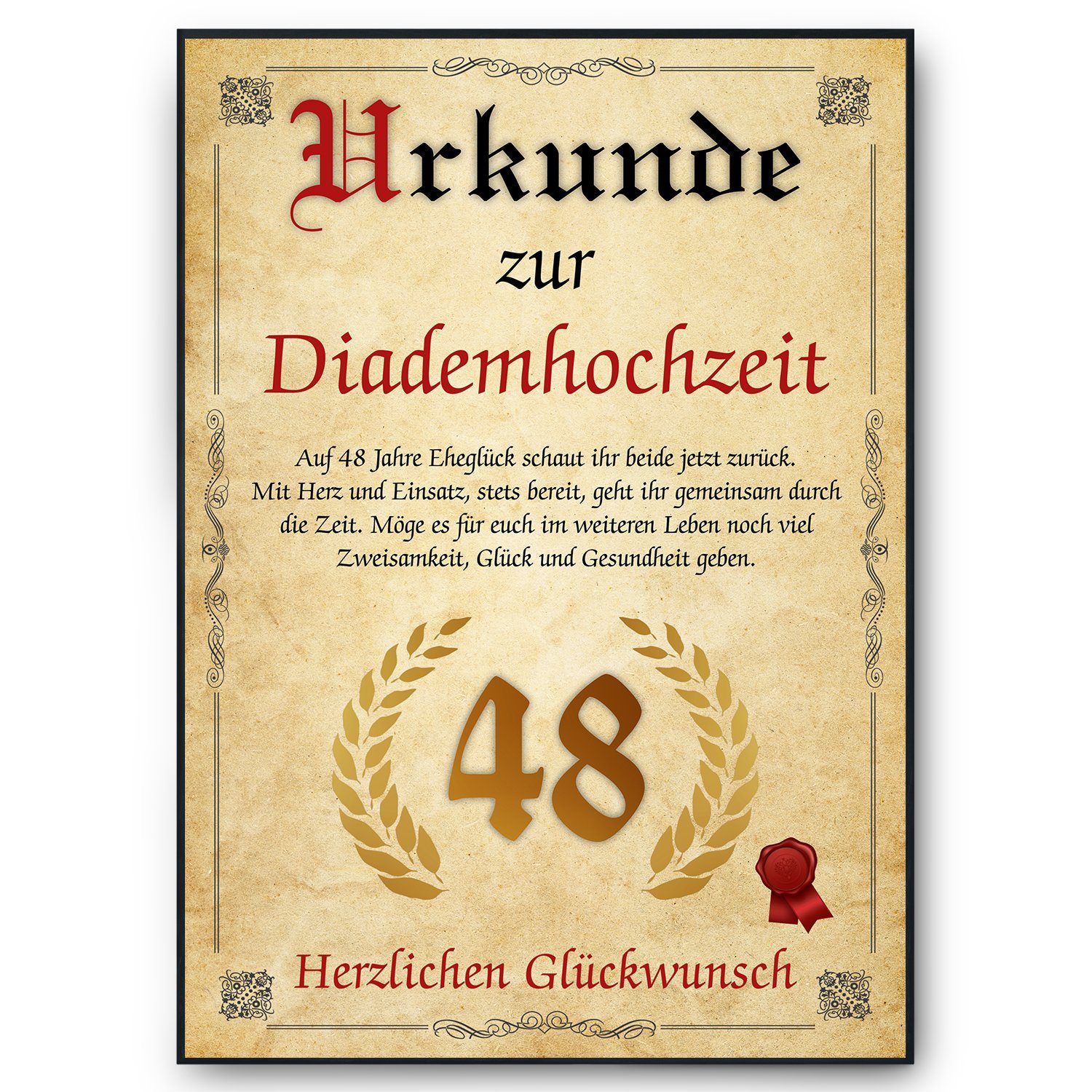 Tigerlino Poster Urkunde zum 48. Hochzeitstag Geschenk 48. Jahrestag Karte Ehepaar, Diademhochzeit