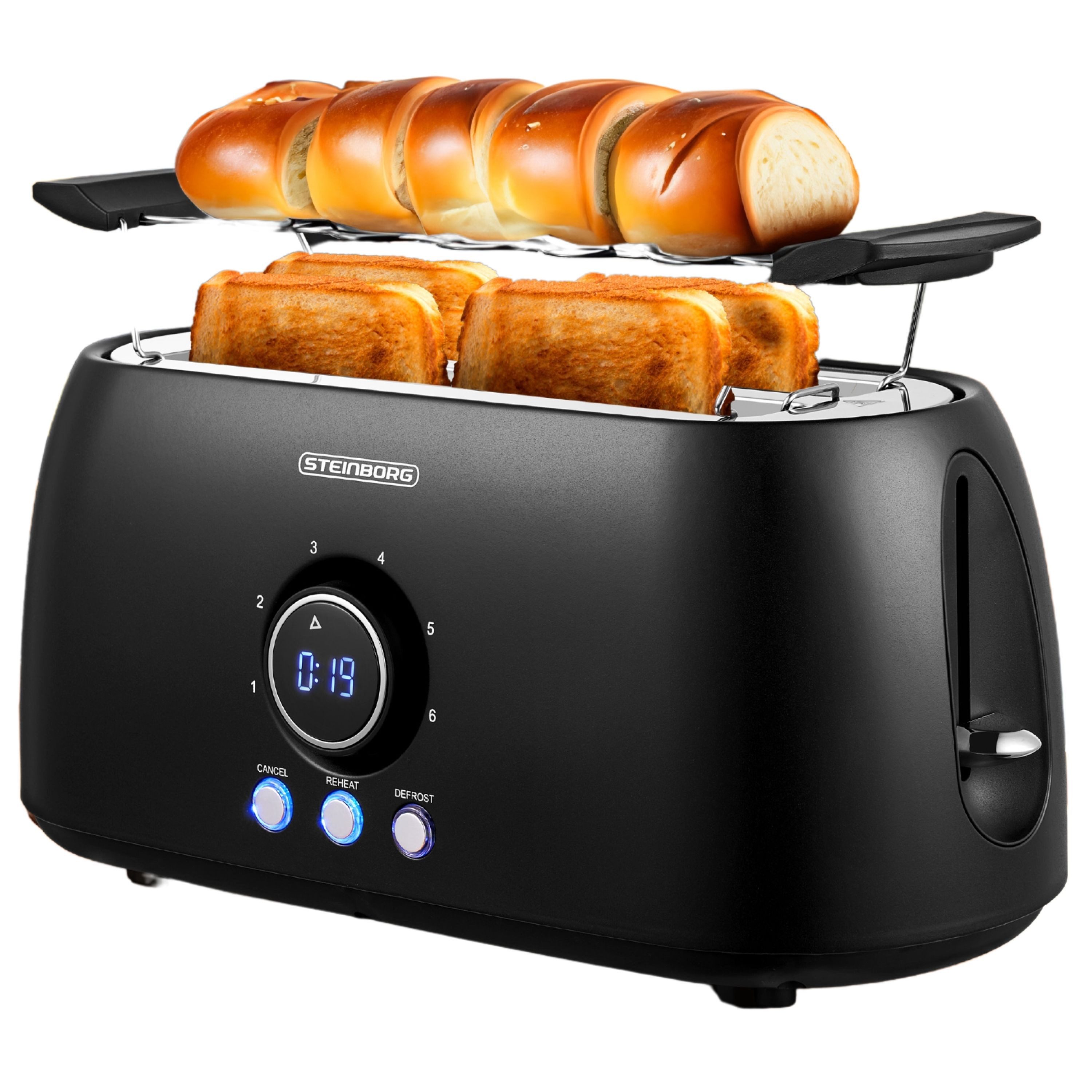 STEINBORG Toaster SB-2212, 2 lange Schlitze, für 4 Scheiben, 1500 W, Edelstahl Gehäuse,Brötchenaufsatz,Krümelschublade,LED Display