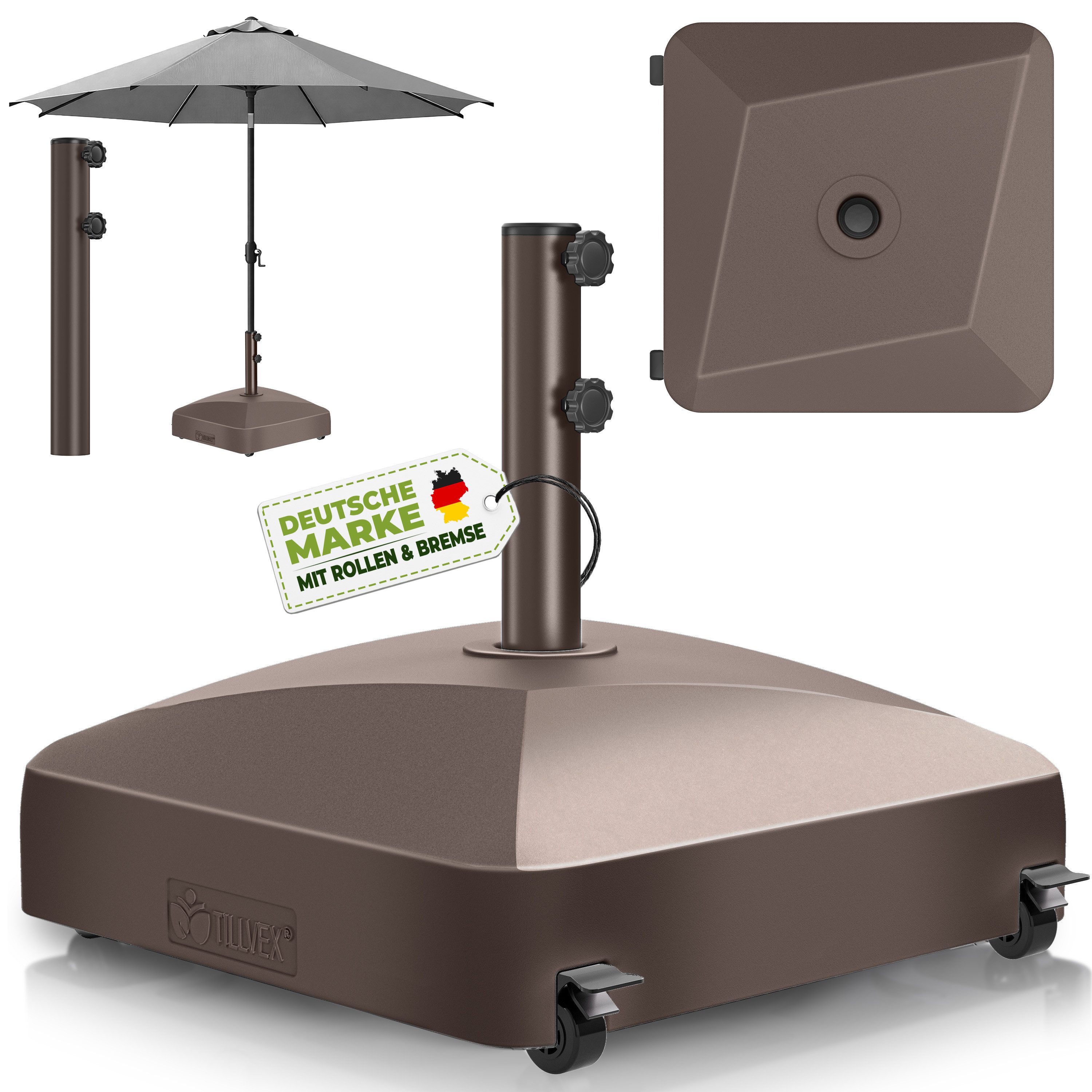 tillvex Sonnenschirm tillvex® Sonnenschirmständer GRAVIA mit Rollen & Bremsen, Schirmständ, & Marktschirm Ø 1,8-3,7m, Ampelschirmständer wetterfest, Schirmständer befüllbar 37 Liter / 56 kg Schirmgewicht Sonnenschirm, Sonnenschirmständer GRAVIA mit Rollen & Bremsen
