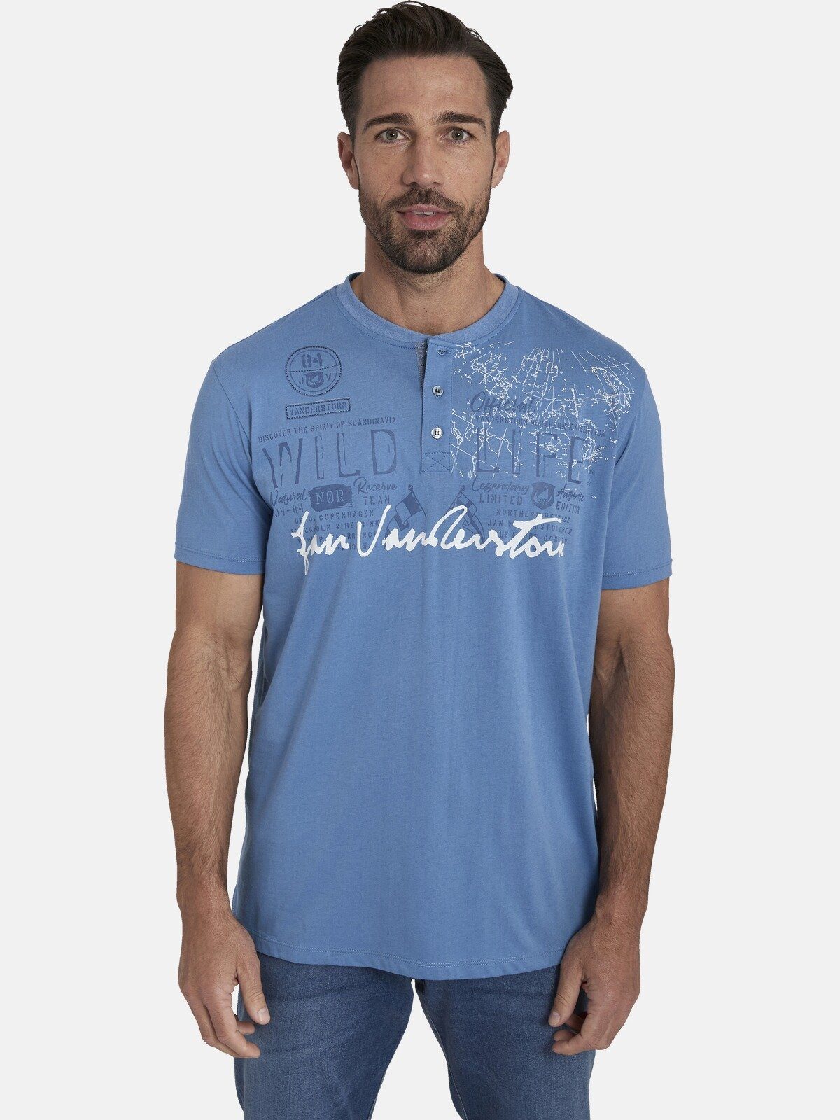 Baumwollshirt REIDAR blau mit Vanderstorm T-Shirt Jan Knopfleiste