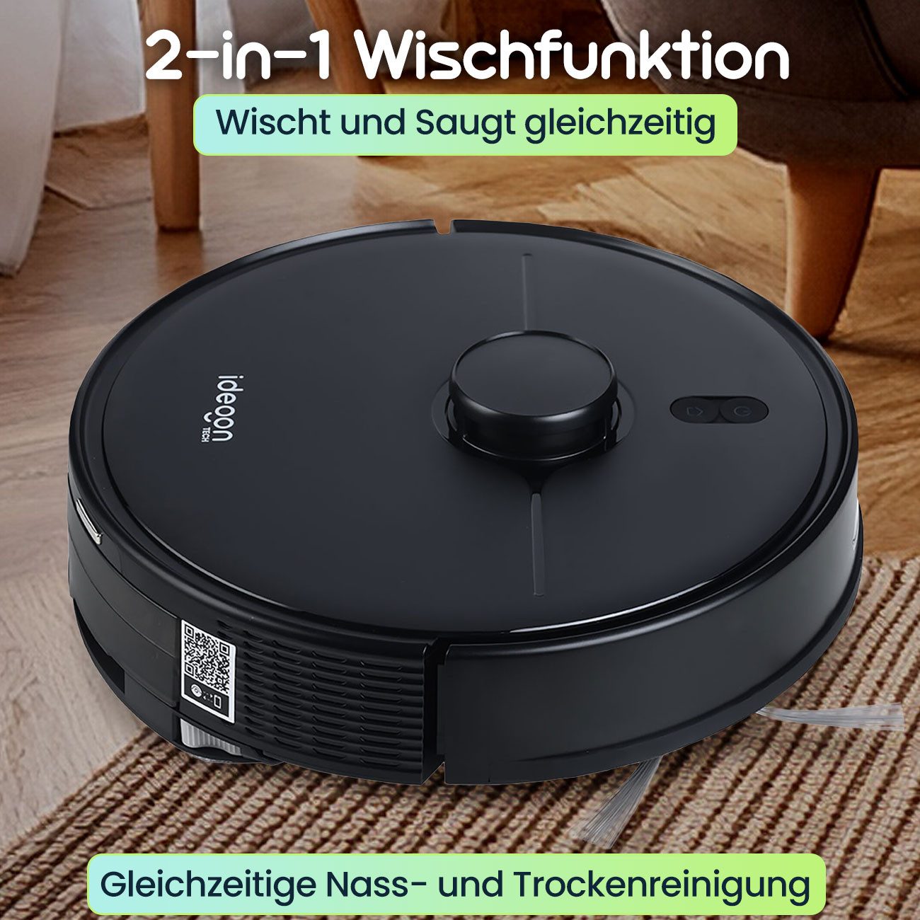 shop'n smile ideoon Saugroboter mit Wischfunktion Ultimativer 2-in-1 Saug Wisch Roboter 6000 Pa 600 W, 600 W, mit Beutel, Laser-Navigation & App-Steuerung, 5000mAh Akku, 250 ml Wassertank