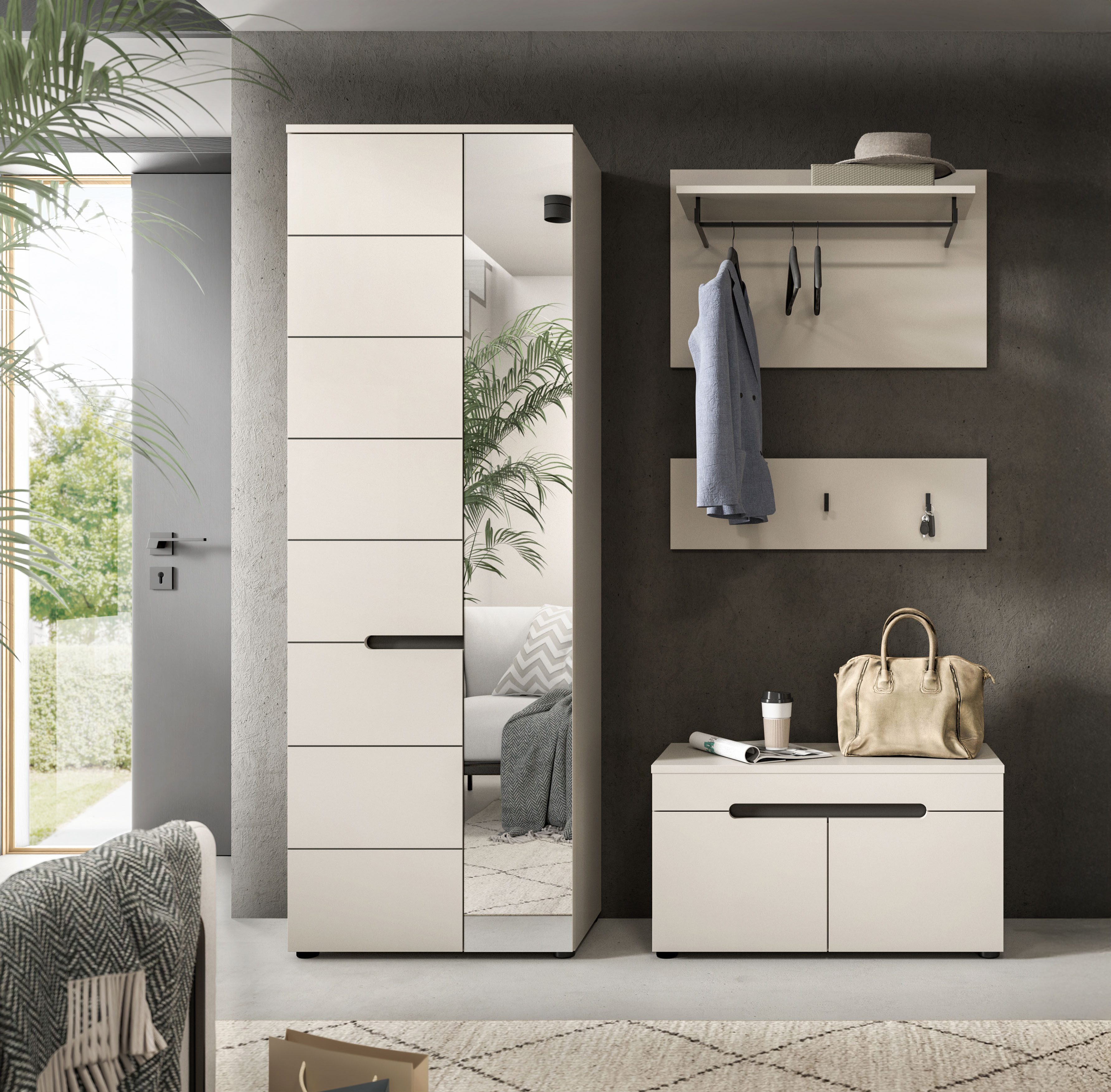 Home affaire Garderoben-Set REHAT, TOPSELLER!, 4-teilig, Breite 160cm, individuell stellbar, (Set, 3-St., bestehend aus: Garderobenschrank, Sitzbank, Paneel, Hakenleiste), Garderobenkombination, Kombination, Set, Flurgarderobe, Diele