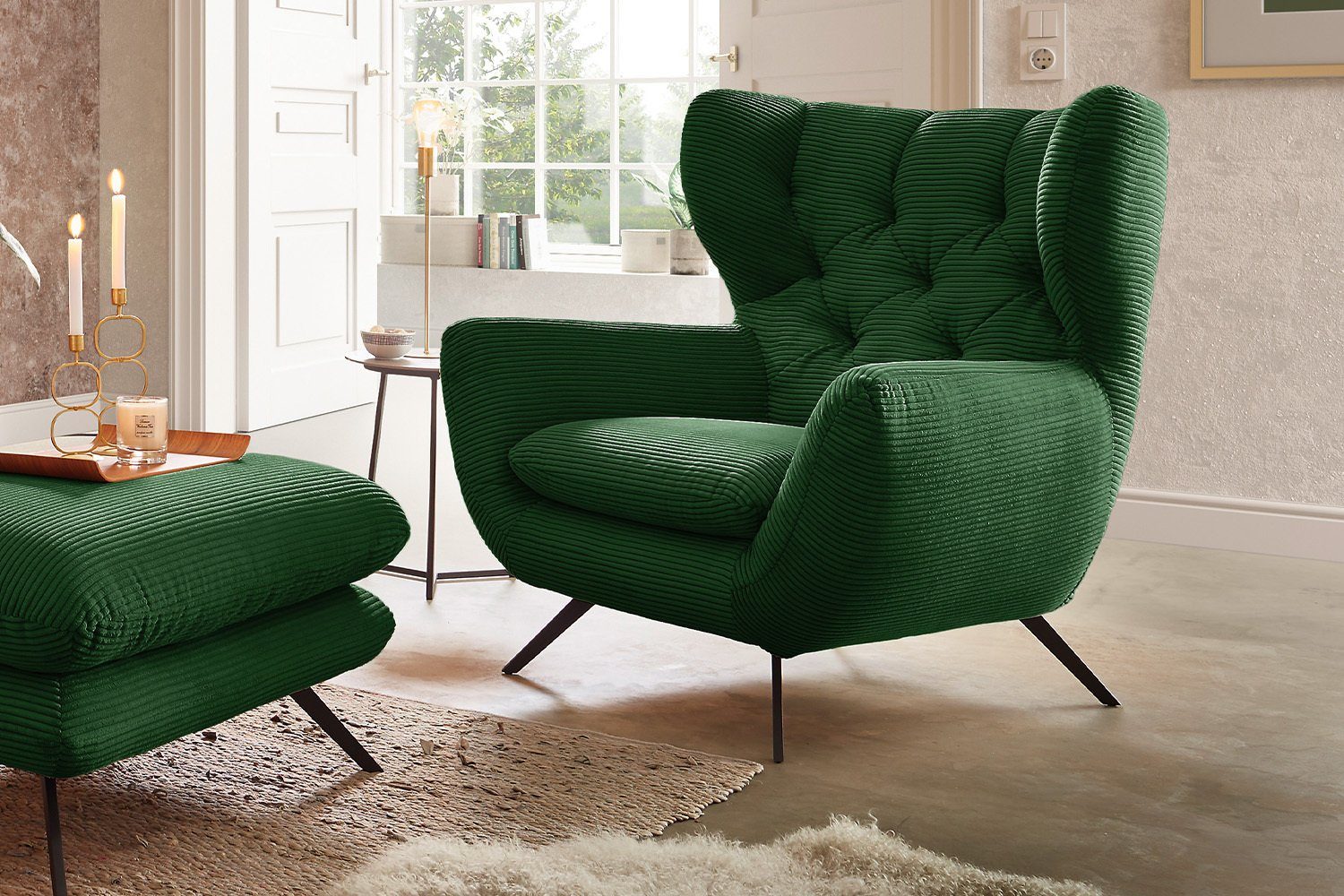(Set, Sofa Hockerbank Cord 3-tlg), Farben CHARME, versch. smaragd KAWOLA Sitzgruppe Sessel