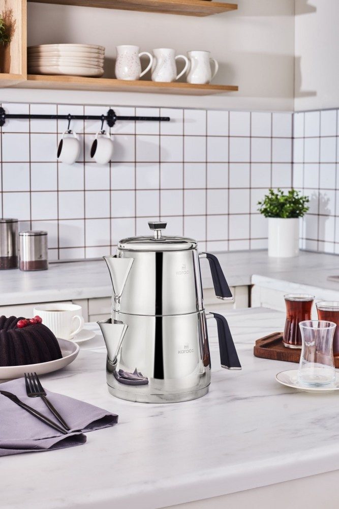 Karaca Teekanne Karaca Fiona Edelstahl Türkische Teekanne Induktiongeeignet Caydanlik, 3 l, (2-St)