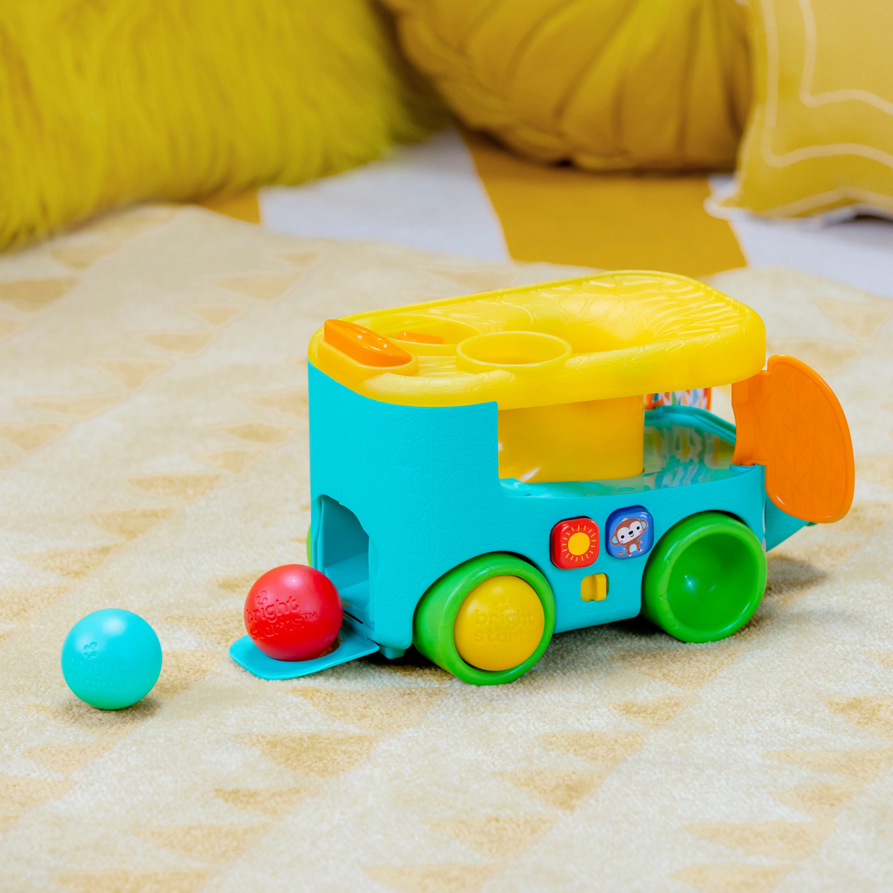 Bright Starts Lernspielzeug Pop & Roll Safari Bus Ball Play Toy, mit Licht und Sound