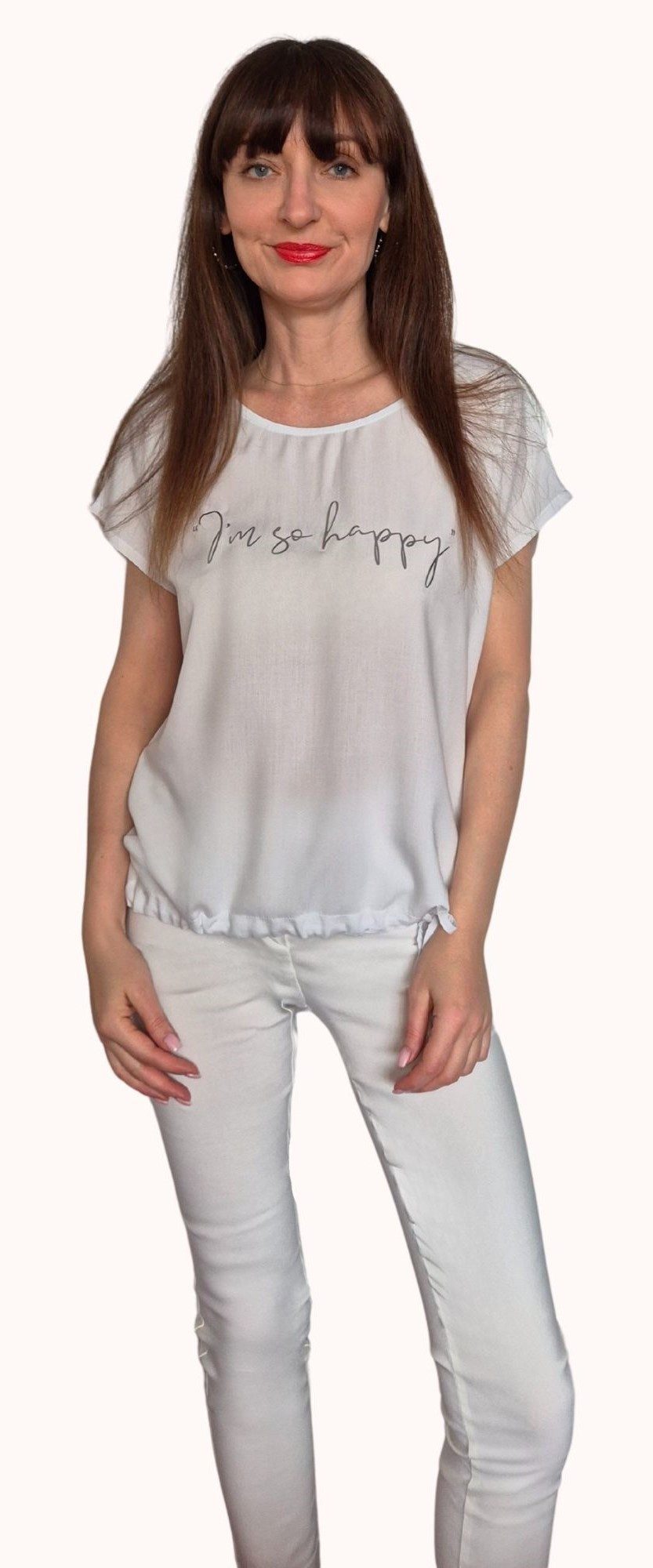 Estefania for woman Blusenshirt 194-1344, " I´m so happy " mit Metallic Print Zugband am Saum
