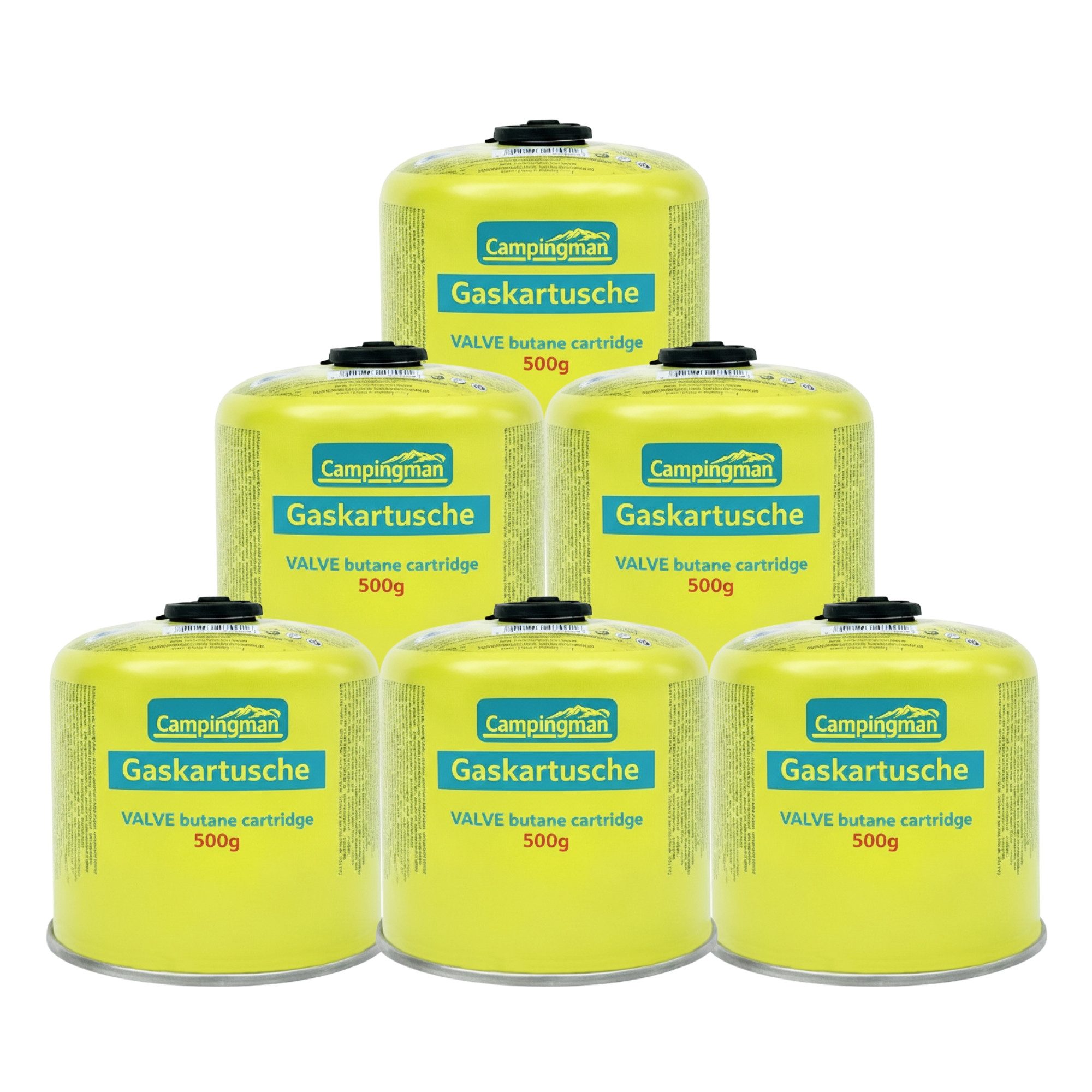 campingmann 500g mit Schraubventil EN 417 – Butangas Kartusche, Zubehör für Universal Schraubkartusche für Campingkocher, 6 St., Unkrautbrenner, Weber Grill & Campinggas