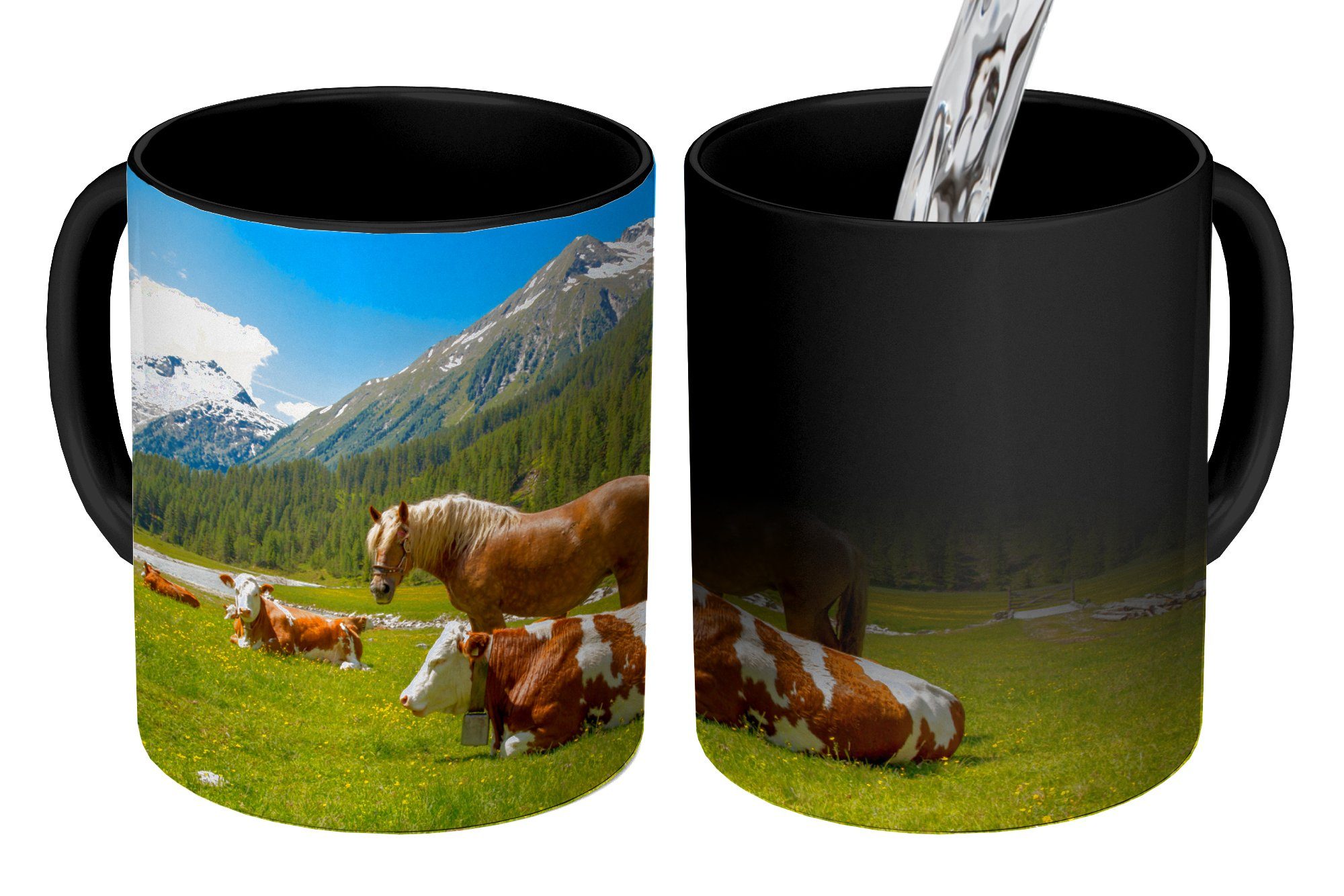 MuchoWow Tasse Kühe - Pferde - Alpen, Keramik, Farbwechsel, Kaffeetassen, Teetasse, Zaubertasse, Geschenk