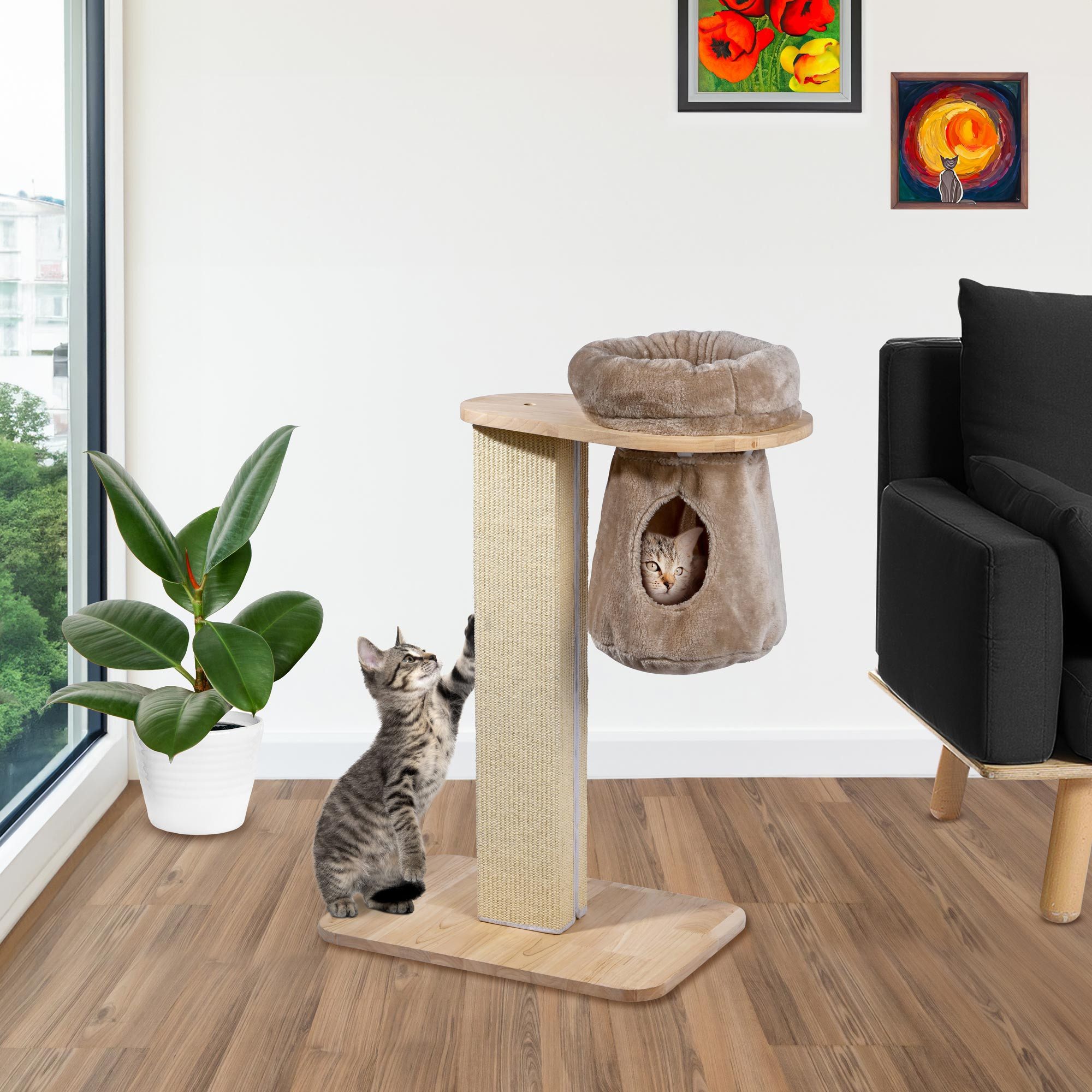 dobar Tierhaus Kratzbaum "Dreamy" aus Holz + Katzenhöhle, 40x70x85 cm - Cappuccino