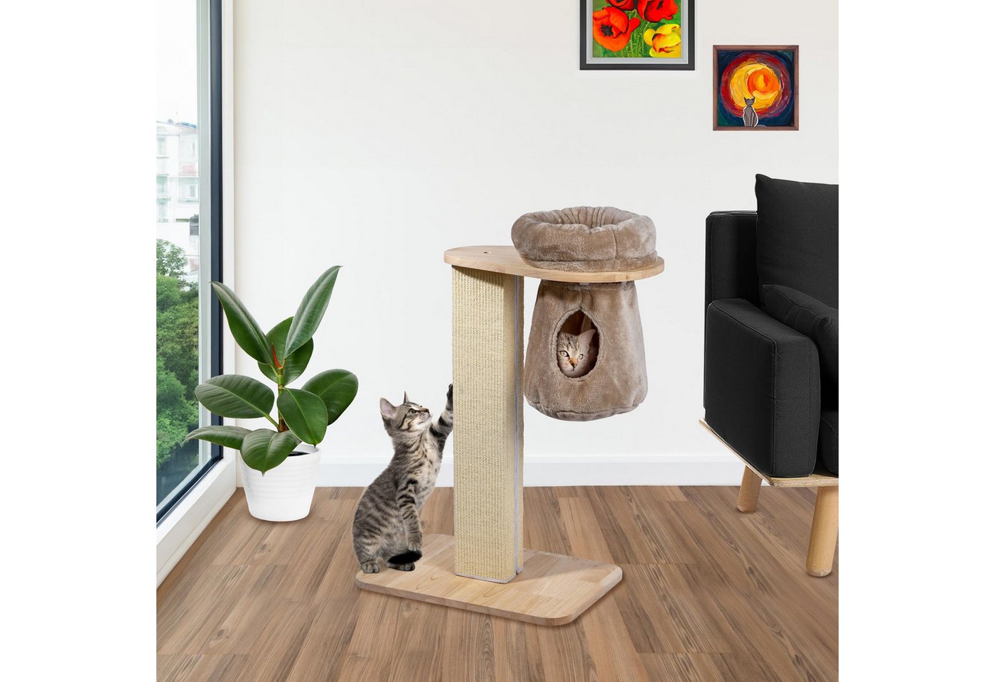 Thumbnail - dobar Tierhaus Kratzbaum "Dreamy" aus Holz + Katzenhöhle, 40x70x85 cm - Cappuccino