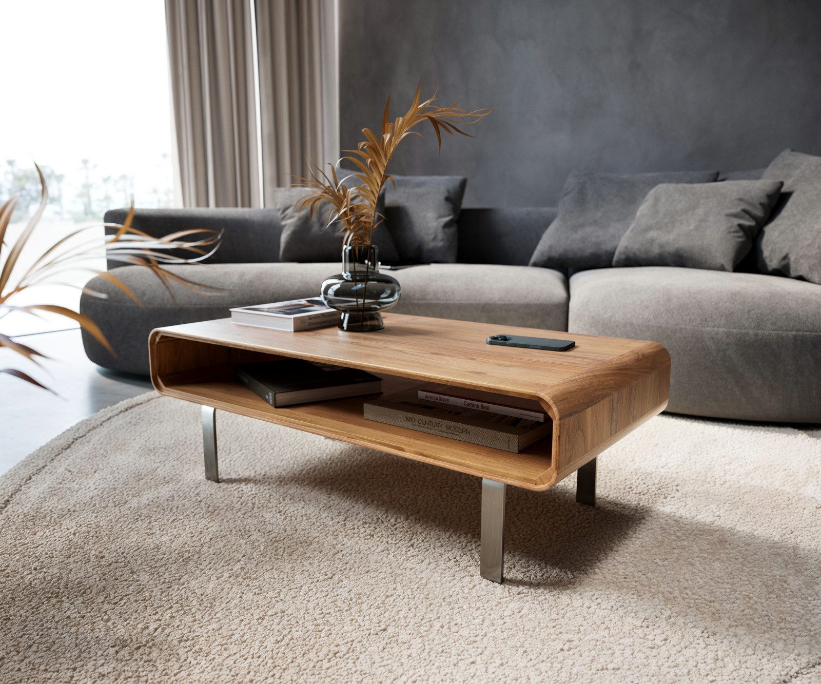 DELIFE Couchtisch Anaya, Akazie Natur 100x50 cm 1 Fach L-Fuß Edelstahl Couchtisch