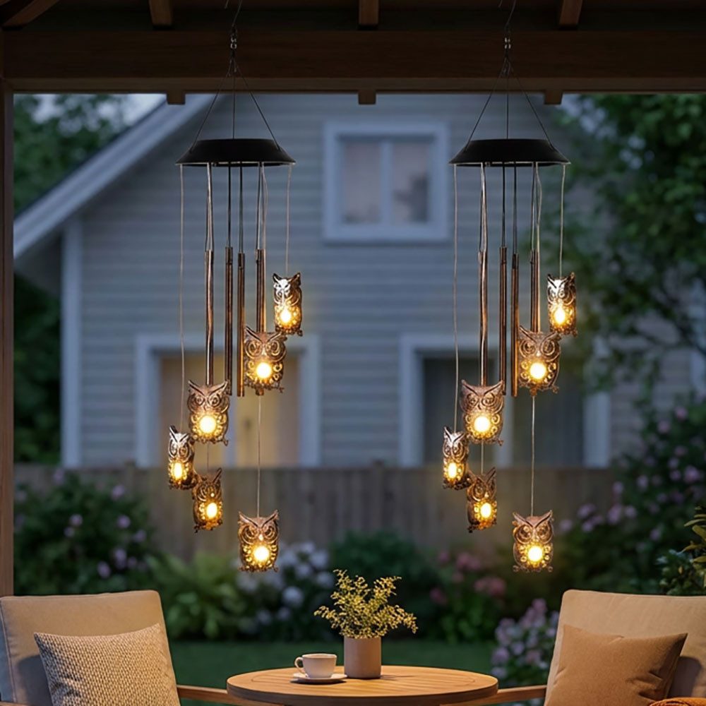 Haushalt International LED-Hängeleuchte, LED-Leuchtmittel fest verbaut, Warmweiß, 2x LED Solarleuchte Windspiel Hängelampe Klangstäbe Garten Eule