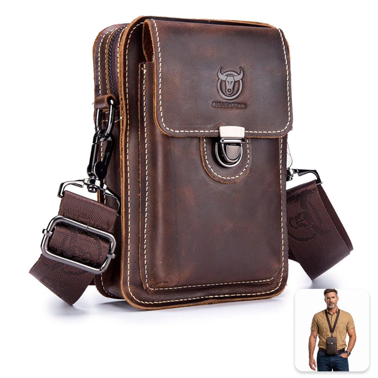 MOPUEA Bauchtasche Leder Schultertasche Vintage Crossbody Bag Messenger Herrentasche (Taillentasche für Sportcamping Wanderreisen, 1-tlg., Bag Modische Bauchtasche für Herren & Damen, Retro-Stil), Wasserfeste Crossbody Umhängetasche