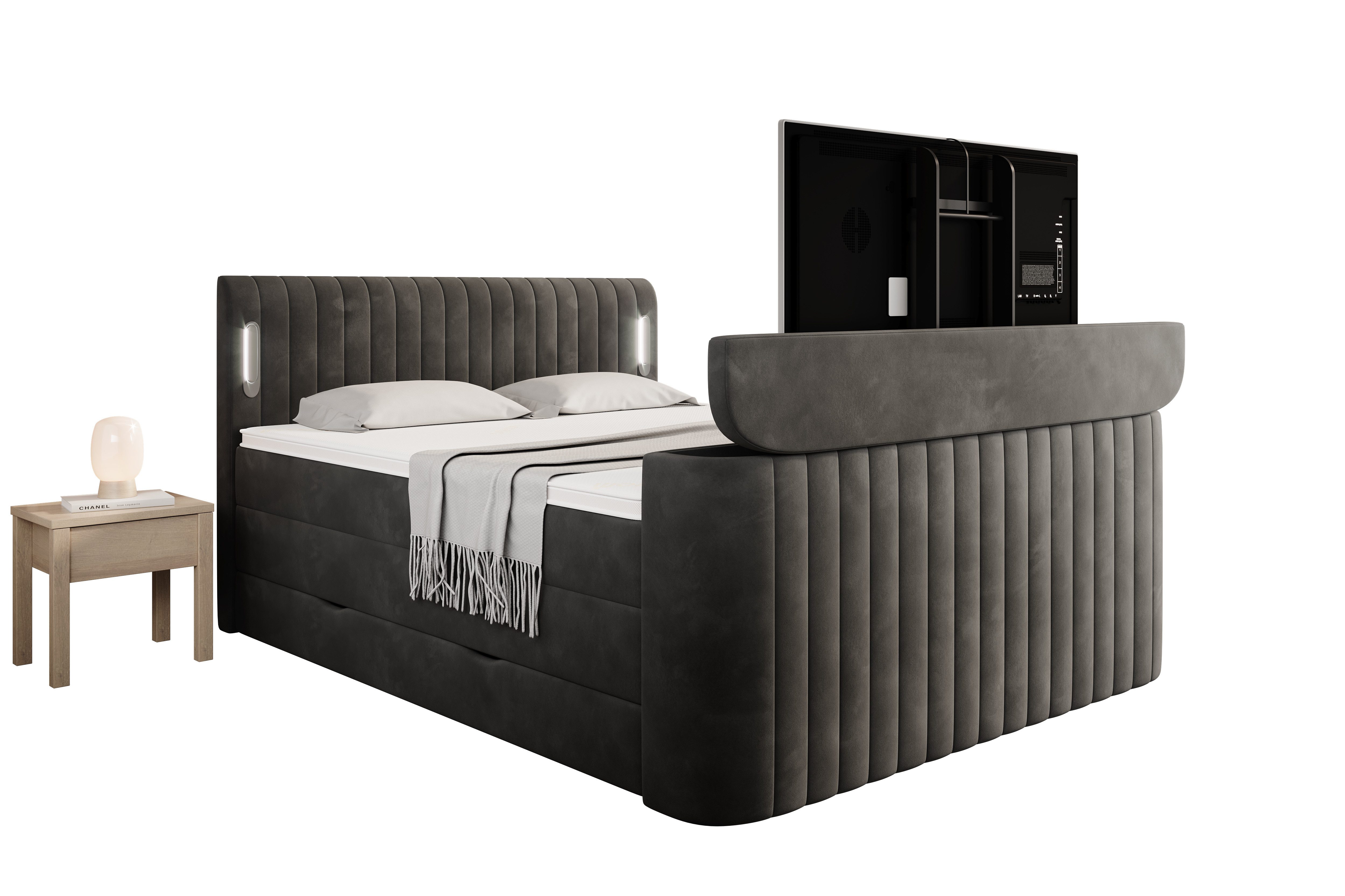 wonello Boxspringbett FLY mit TV-Lift, mit Bettkasten, TFK-Matratzen und premium Topper, LED-Beleuchtung