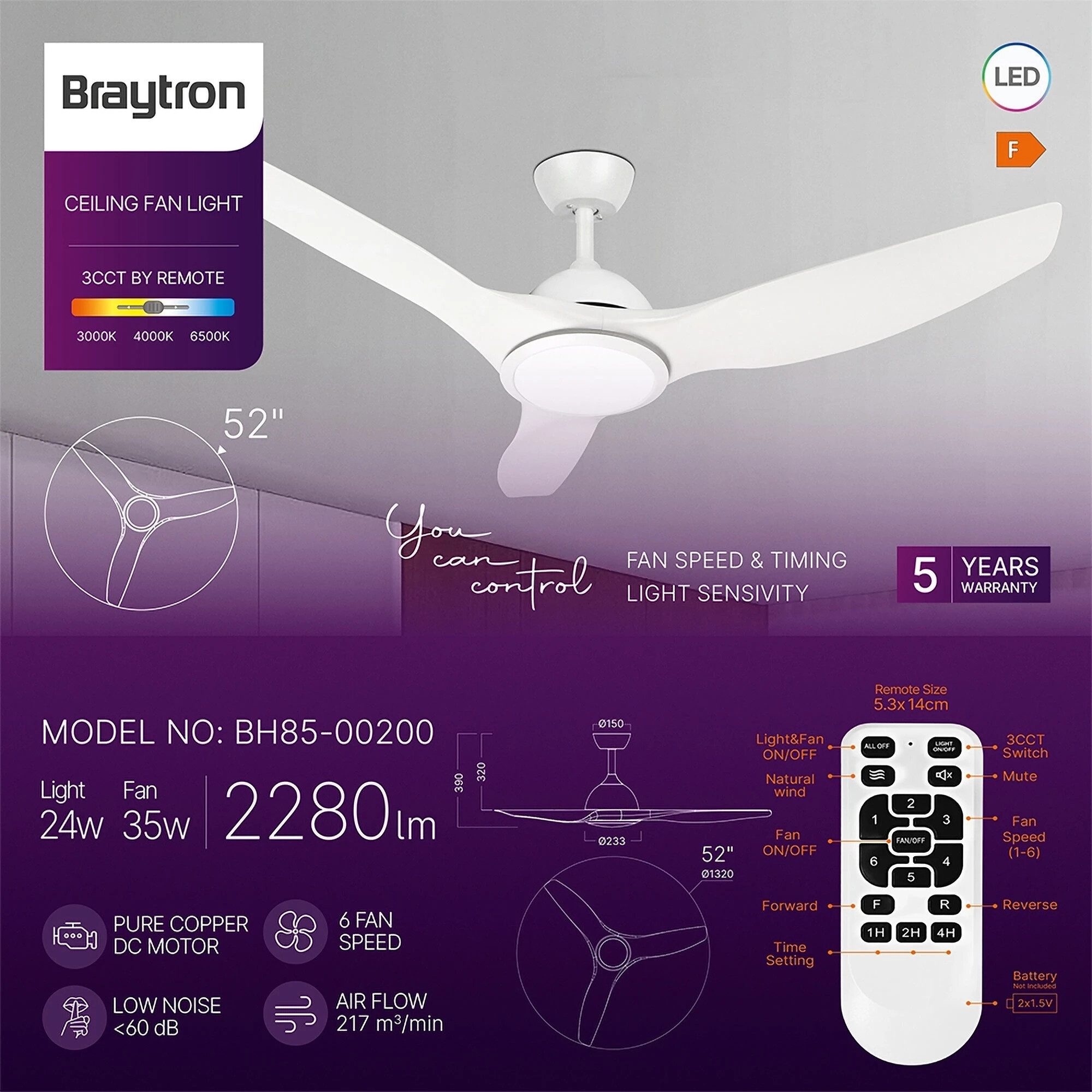 Braytron Deckenventilator mit Licht 3CCT Fernbedienung, Fernbedienung, LED fest integriert