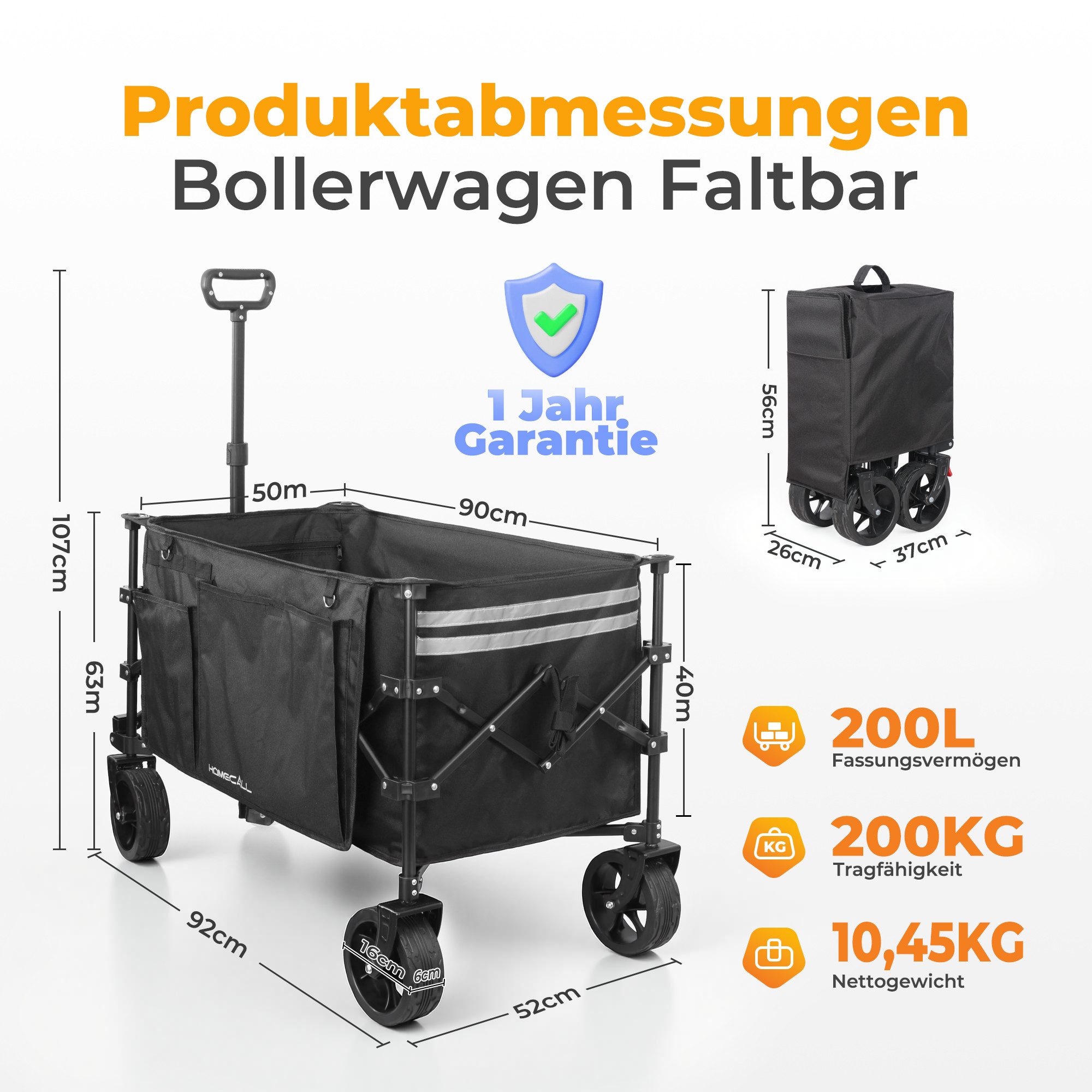 HOMECALL Bollerwagen Handwagen 200L XXL-Volumen mit praktischer Kühltasche (Strandwagen Klappbar Transportwagen), Für Einkaufen, Camping, Garten, Dogs