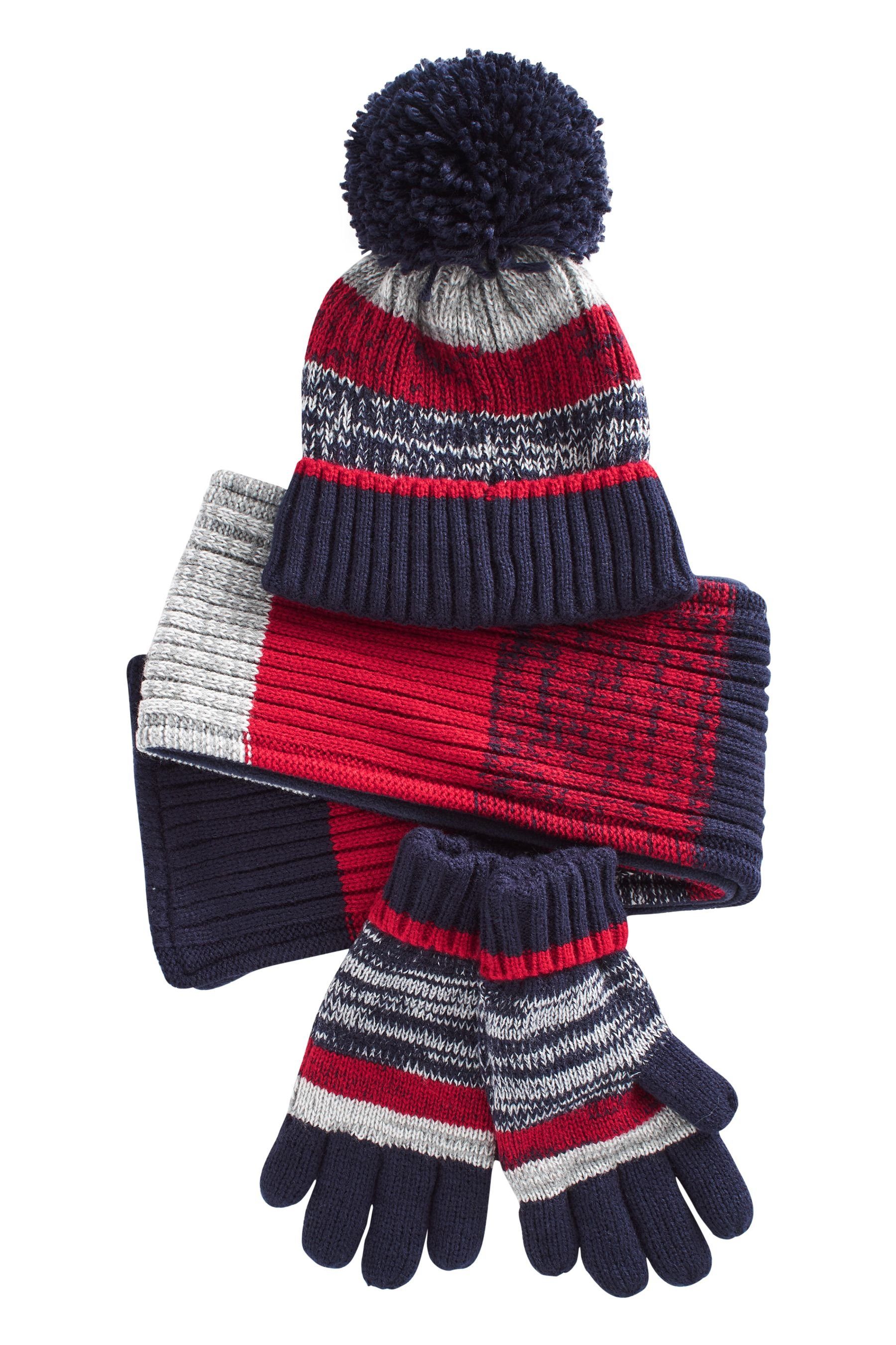Blue/Red Navy (3-St) im Bommelmütze Mütze, Handschuhe Stripe und Next Set Schal