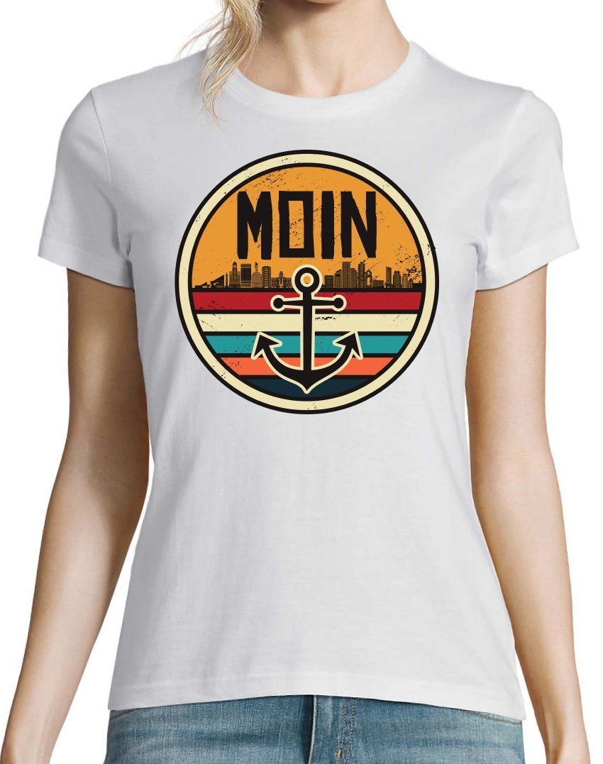 Designz Damen mit Print-Shirt Anker Weiß Logo T-Shirt und Spruch Moin Spruch Youth Print