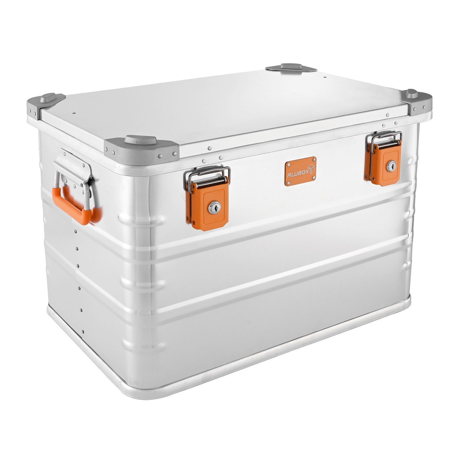 ALUBOX Aufbewahrungsbox mit Deckel und Stapelecken 1 mm Wandstärke (78 Liter), Fangbänder am Deckel - umlaufende Gummidichtung - Druckgussstapelecken