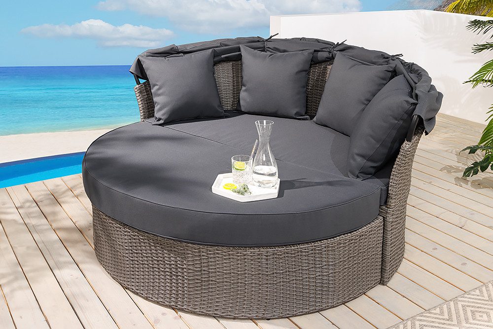 riess-ambiente Sonneninsel PLAYA LIVING 165cm grau / anthrazit · Polyrattan · Aluminium, Einzelartikel 1 Teile, Gartenlounge · einfahrbares Fußteil · klappbares Dach · mit Kissen