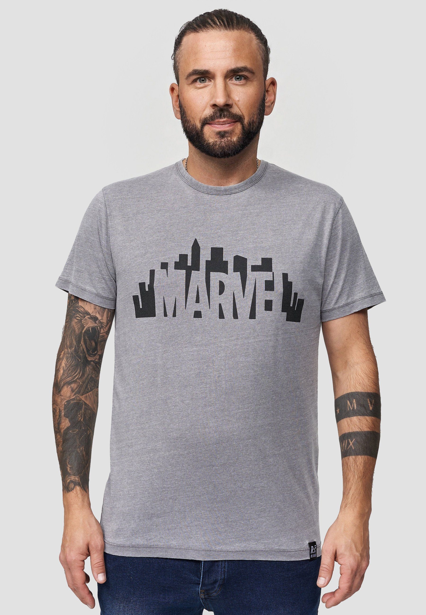 Recovered T-Shirt Marvel City Logo Light Grey GOTS zertifizierte Bio-Baumwolle Grau