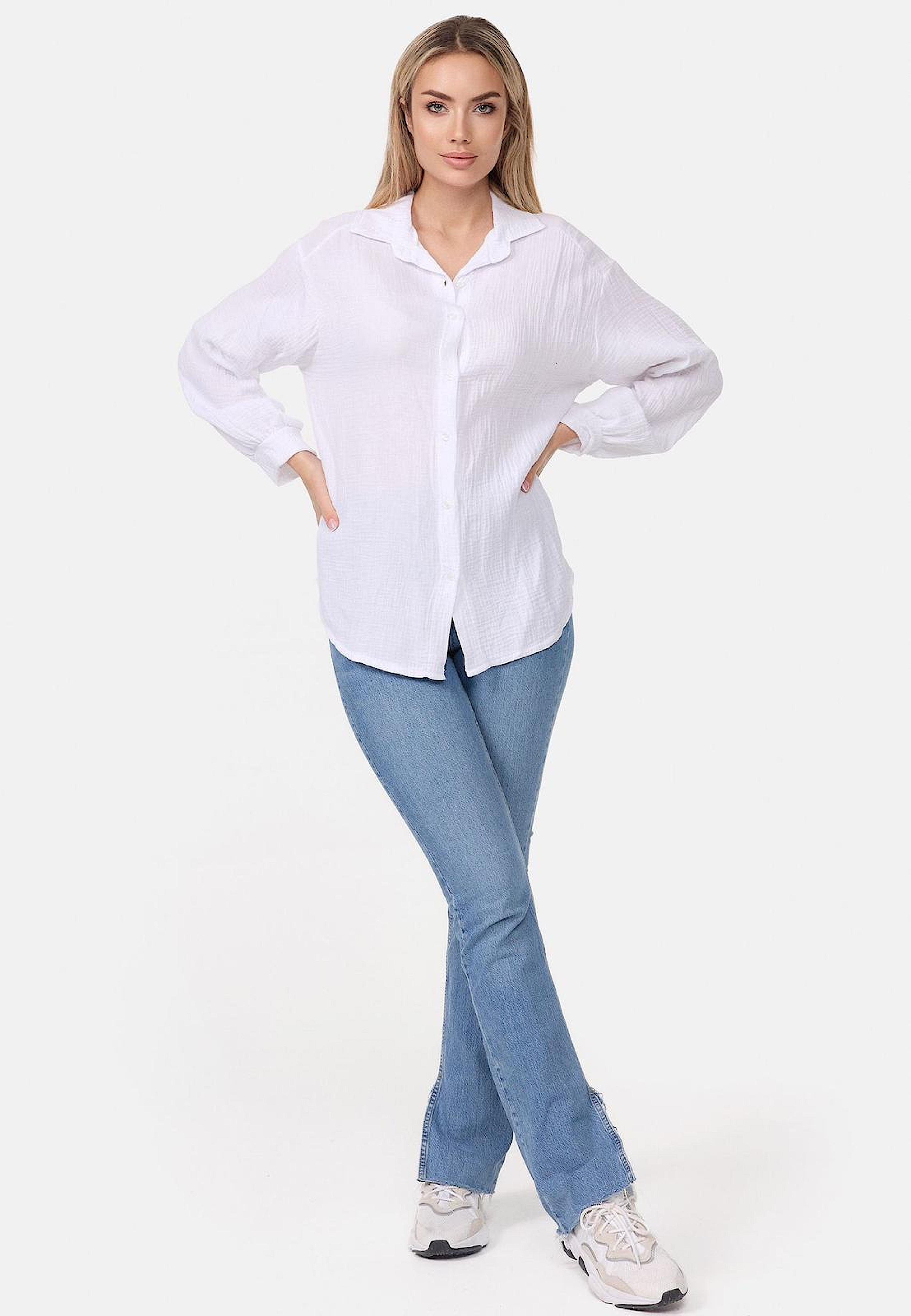 Worldclassca Hemdbluse Worldclassca Musselin Bluse Tunika Sommer Langarm Oberteil Einfarbig Neue Kollektion - Stilvolle und gemütliche Mode für Damen